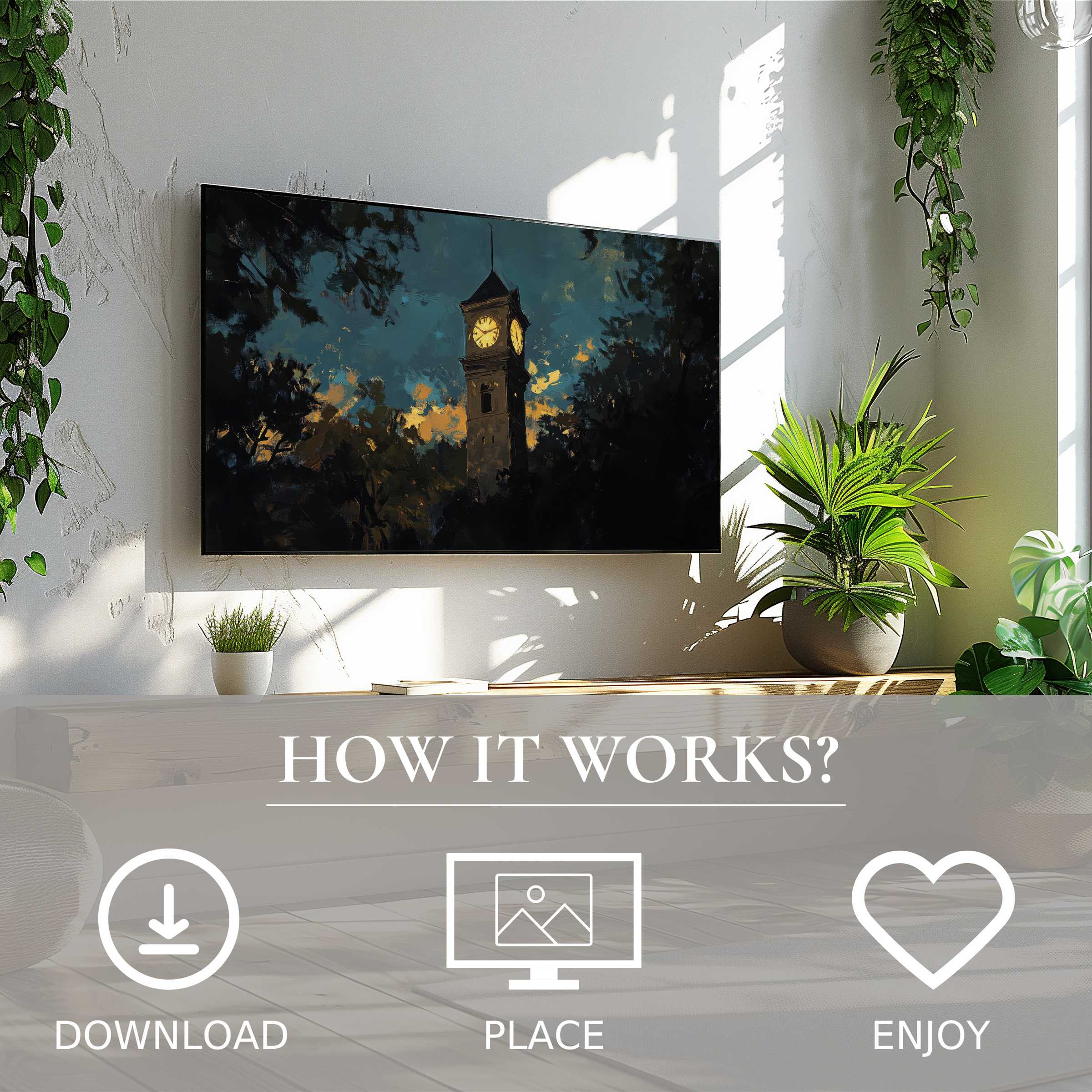 Urban art for Samsung TV with a dusk clocktower motif, easy digital download enriching modern living spaces