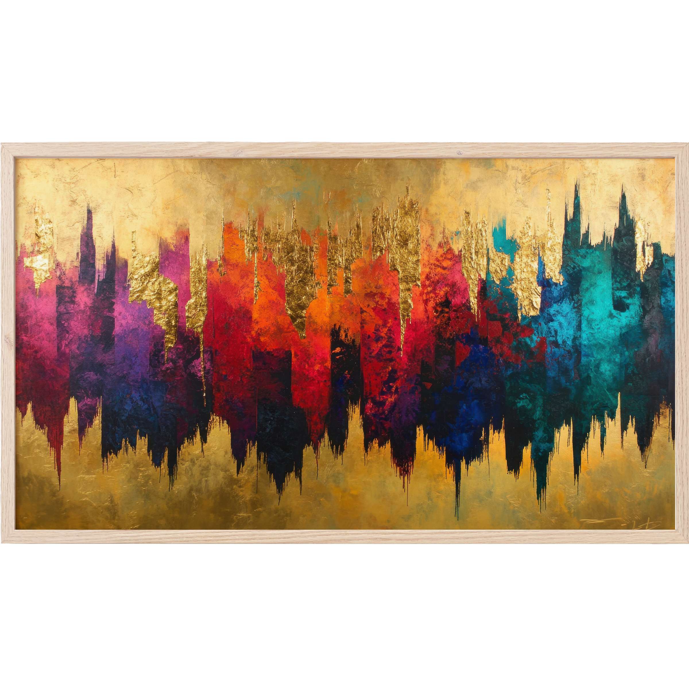 Vibrant abstract Frame TV Art with rich gold, deep blues, fiery reds, and purples in a textured, modern cityscape style