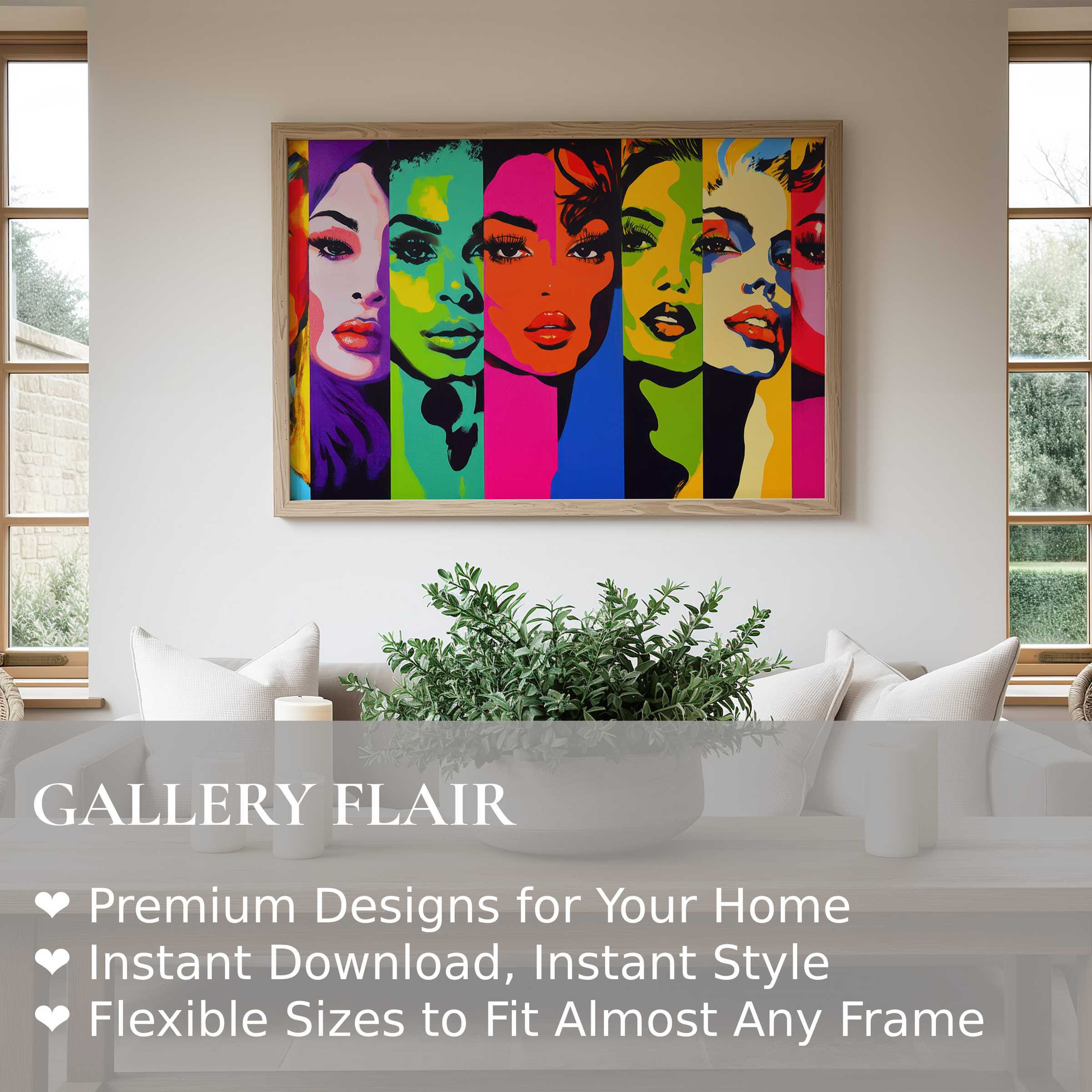 Vibrant pop art wall art print featuring bold, multicolored female portraits, elevating modern minimalist interiors with dynamic, edgy charm