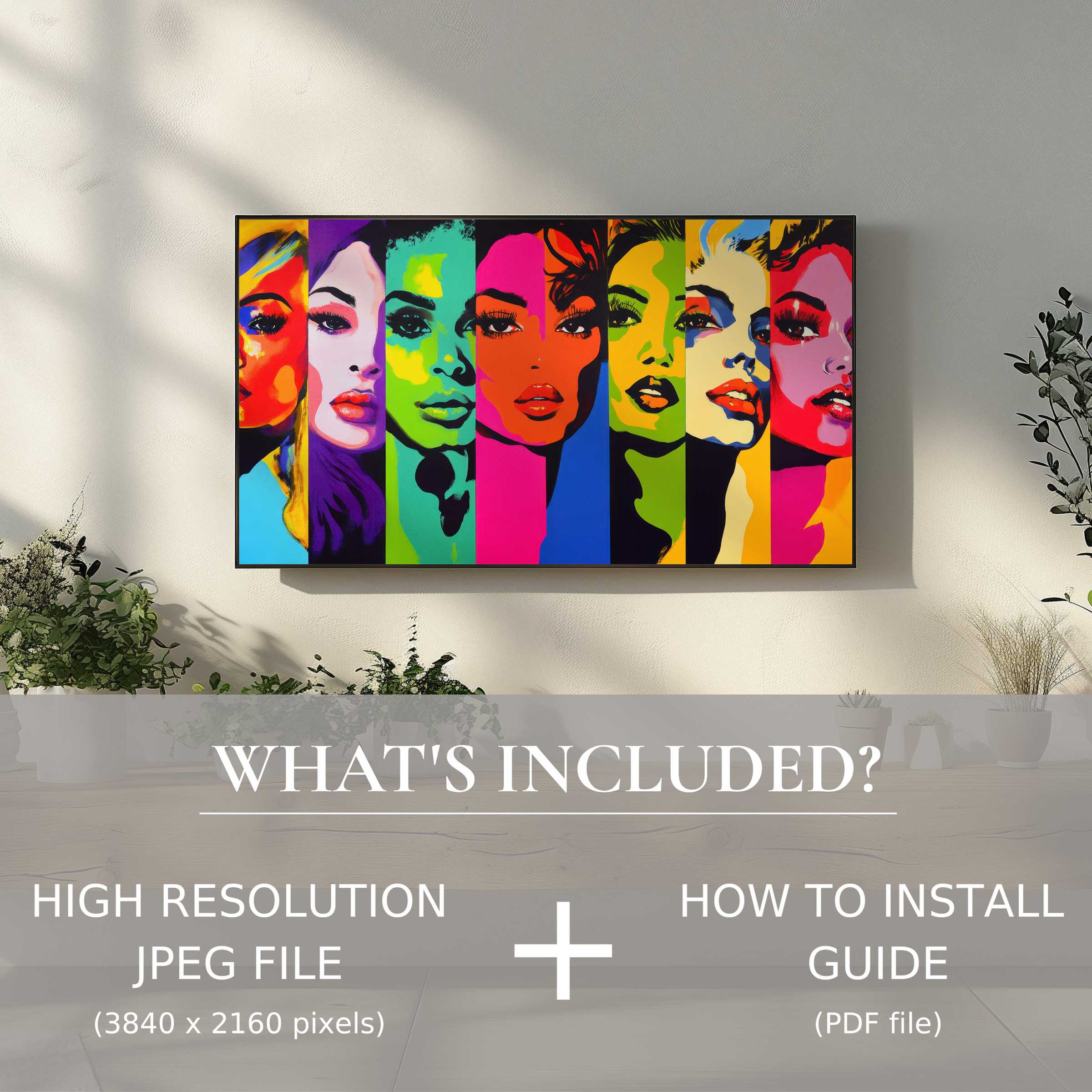 Elegant pop art digital TV art download enhances modern living spaces with vibrant hues and effortless digital installation