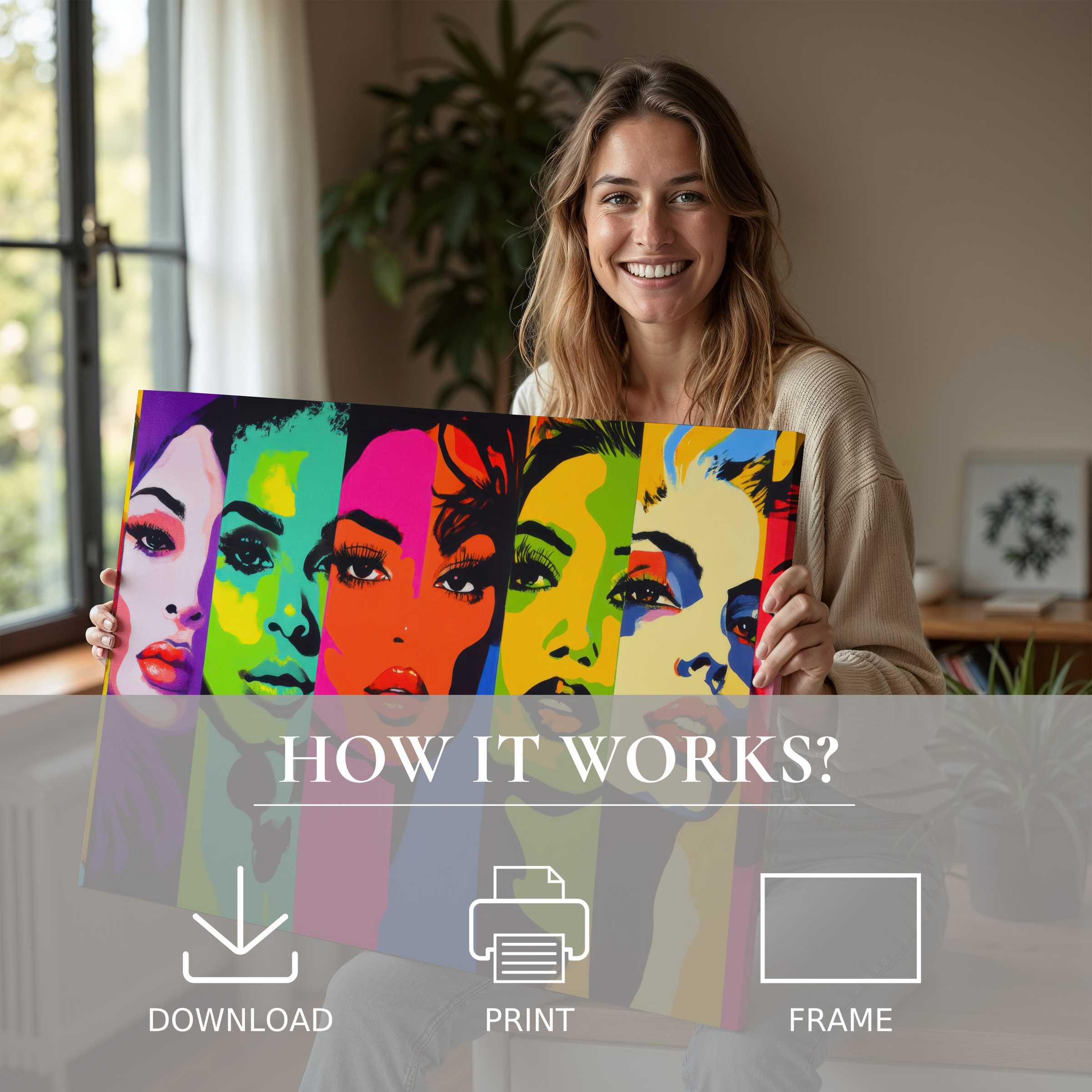 A joyful moment in a stylish modern home, celebrating the effortless beauty of a pop art digital art print that transforms space