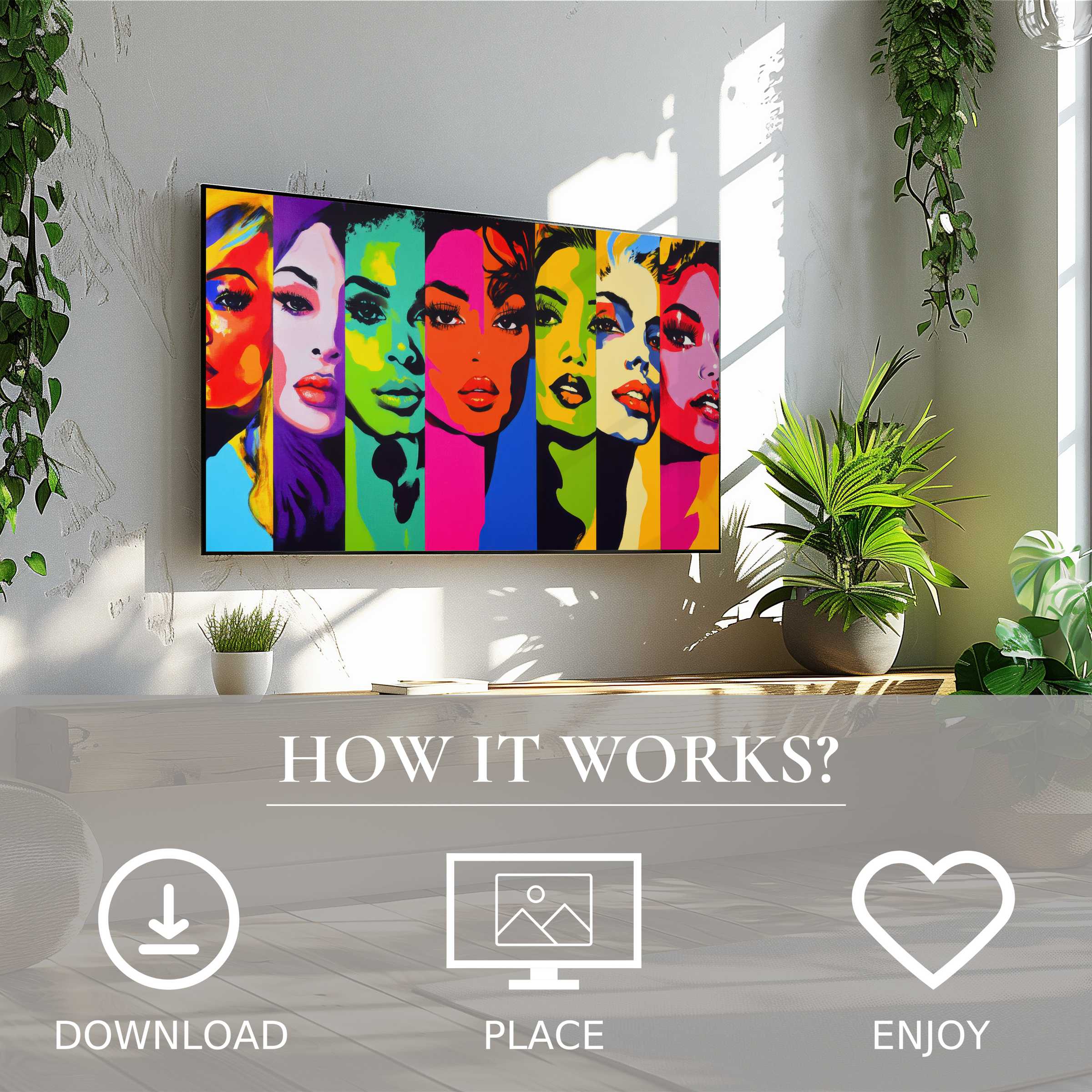 Pop art art for Samsung TV shows vibrant color flow faces, easy digital download to enrich your modern living space
