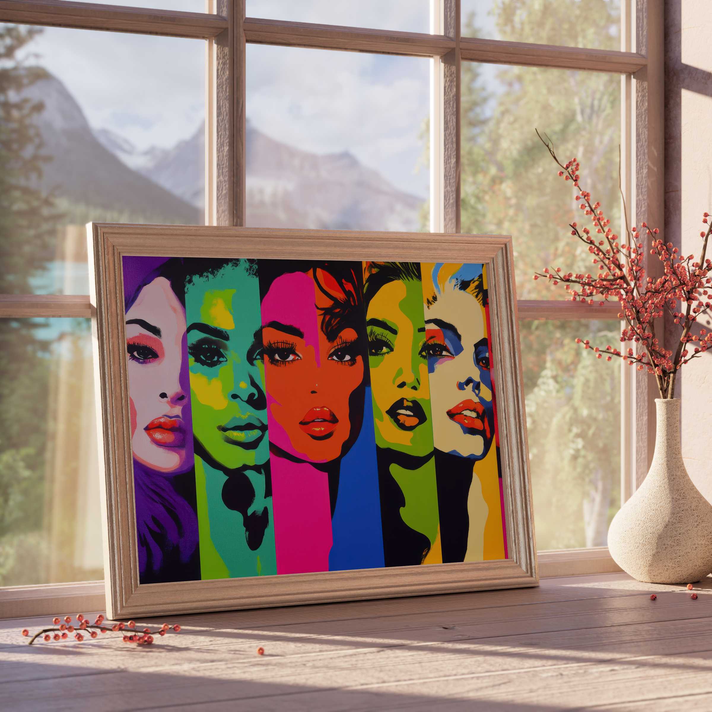 Vibrant pop art downloadable art featuring bold, colorful female portraits that elevate curated, design-forward interiors with vivid flair and contemporary elegance