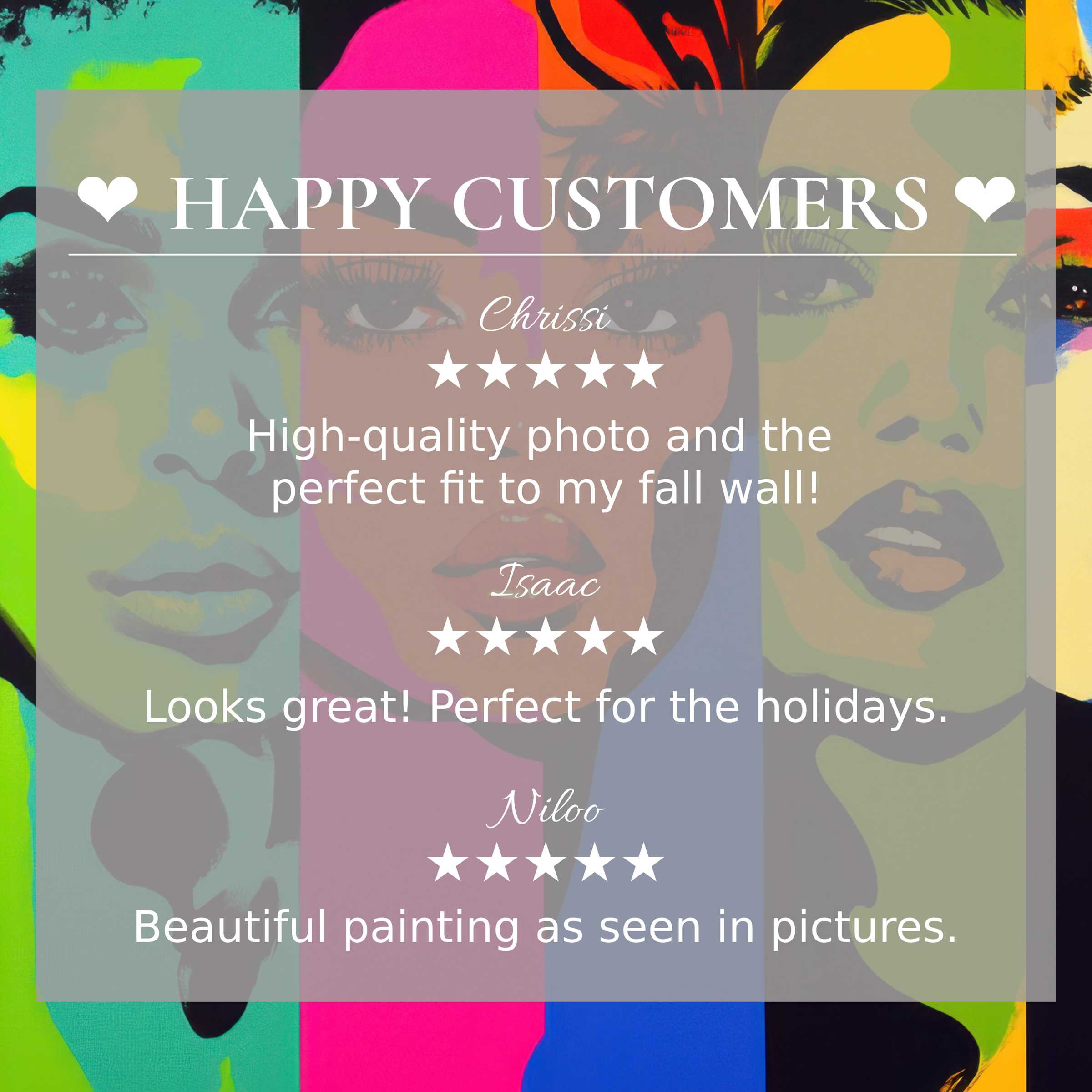 Pop art for Frame TV with vibrant, abstract faces; happy customer reviews build trust and showcase elegance