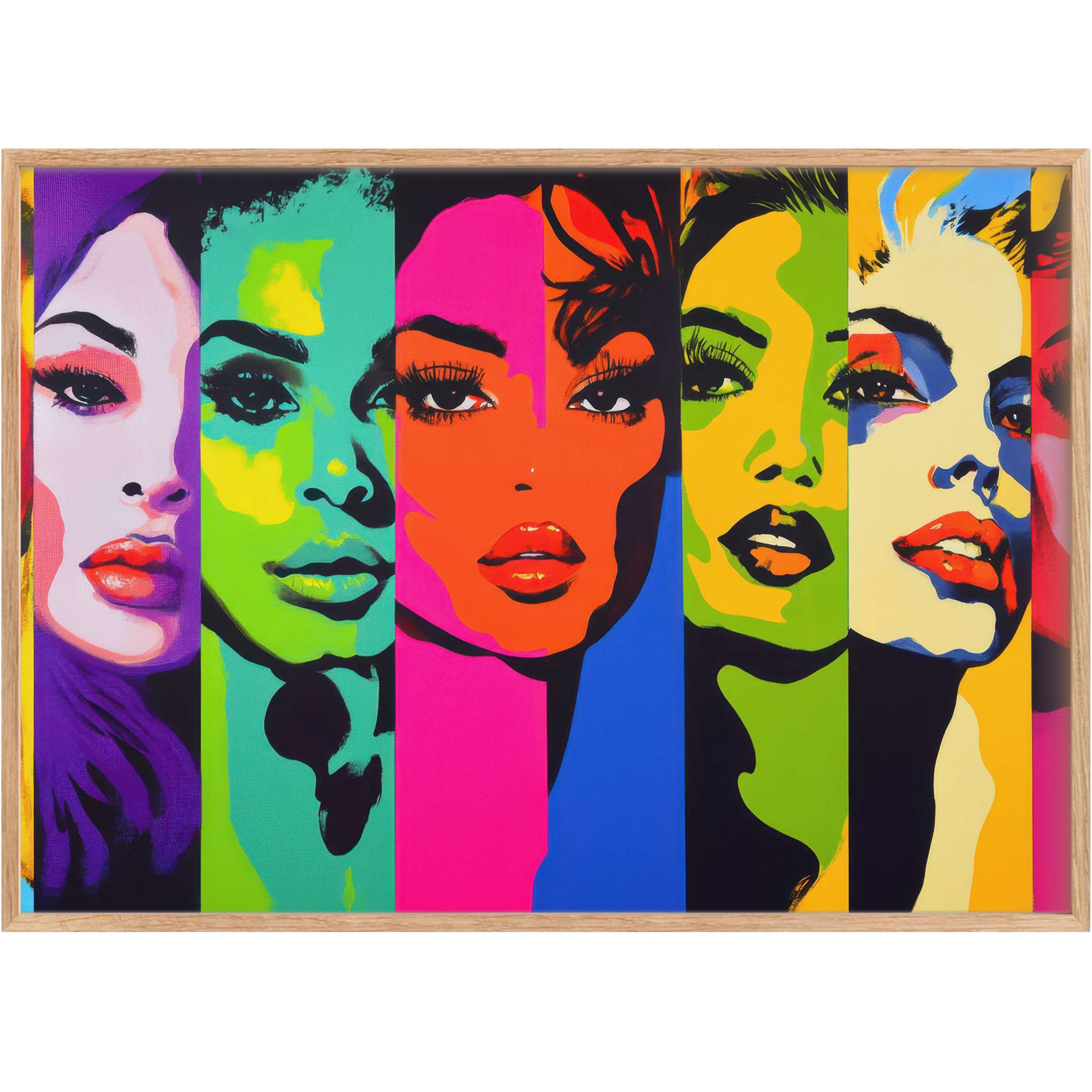 Vibrant pop art printable wall art featuring bold faces in striking teal, magenta, and yellow hues, igniting a dynamic, confident mood