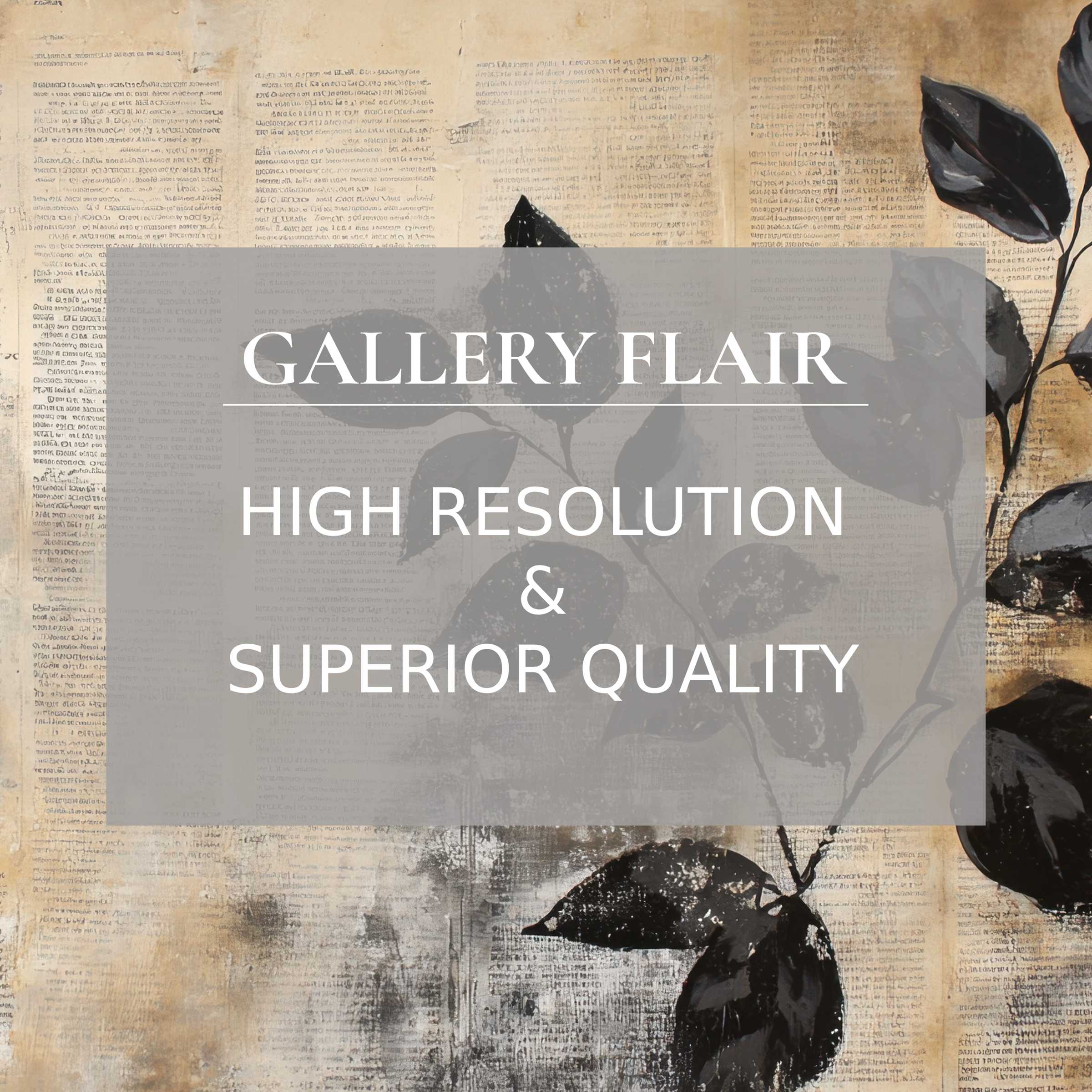 Elegant botanical Frame TV picture with refined black leaves on textured vintage text background, high clarity and resolution