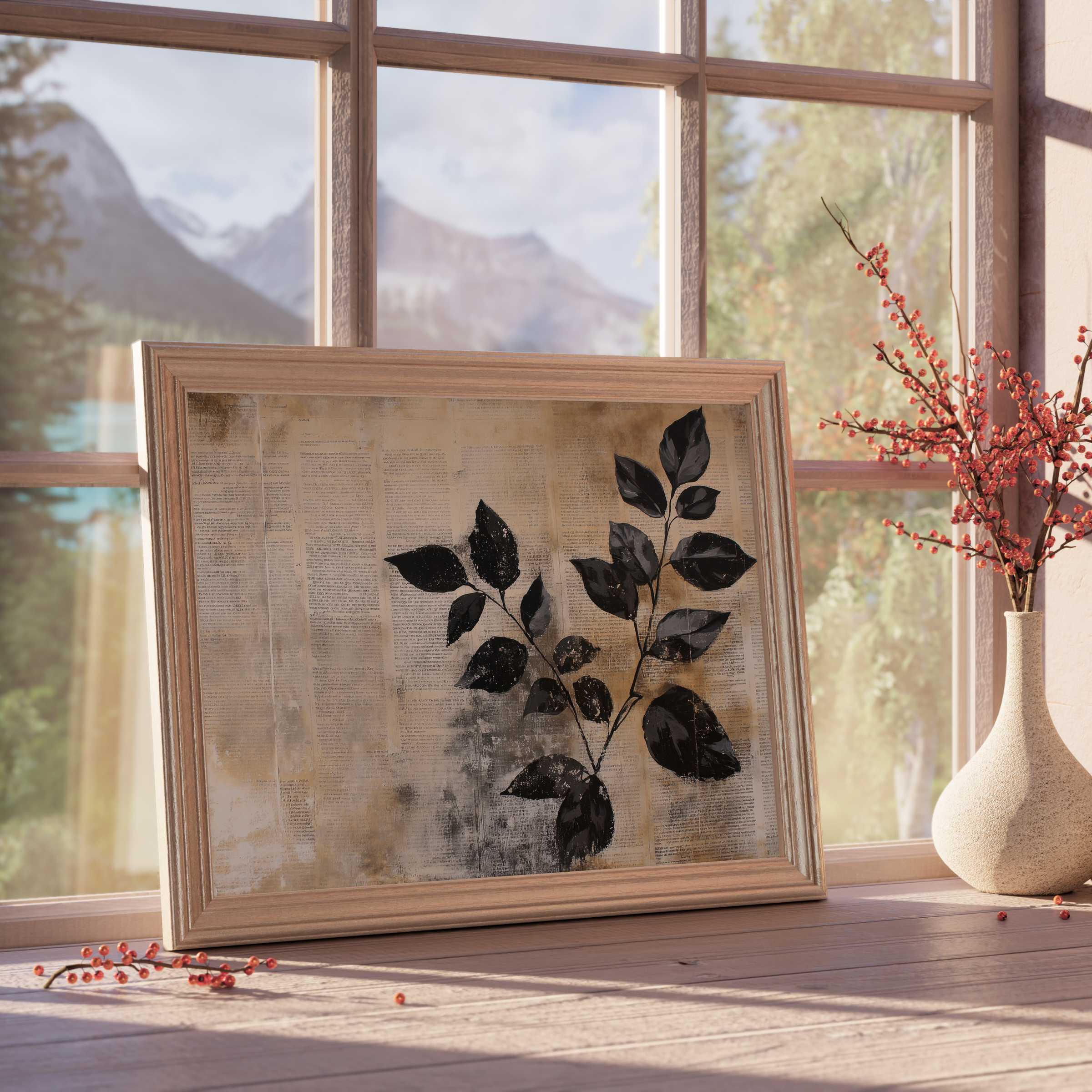 Botanical downloadable art with elegant black leaf silhouette on vintage script, enriching serene, curated living spaces