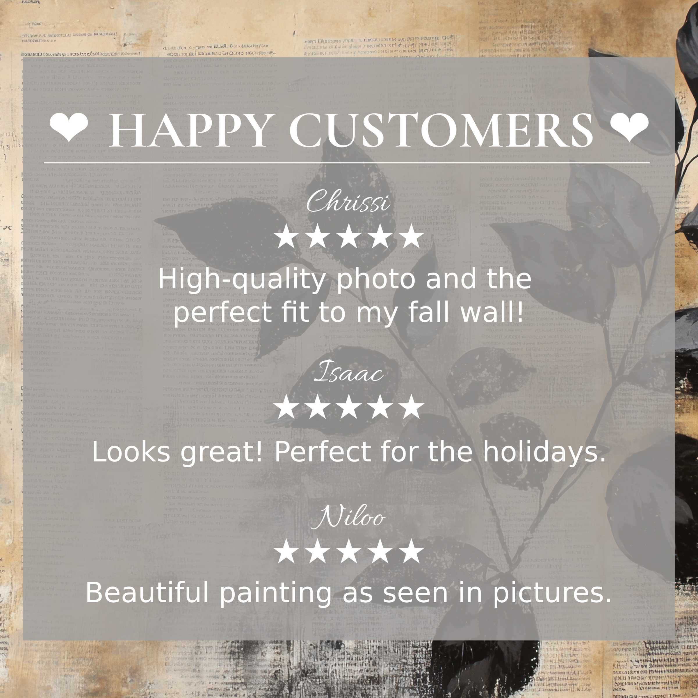 Happy customer reviews highlight botanical art for Frame TV with elegant black foliage on warm abstract textured backdrop