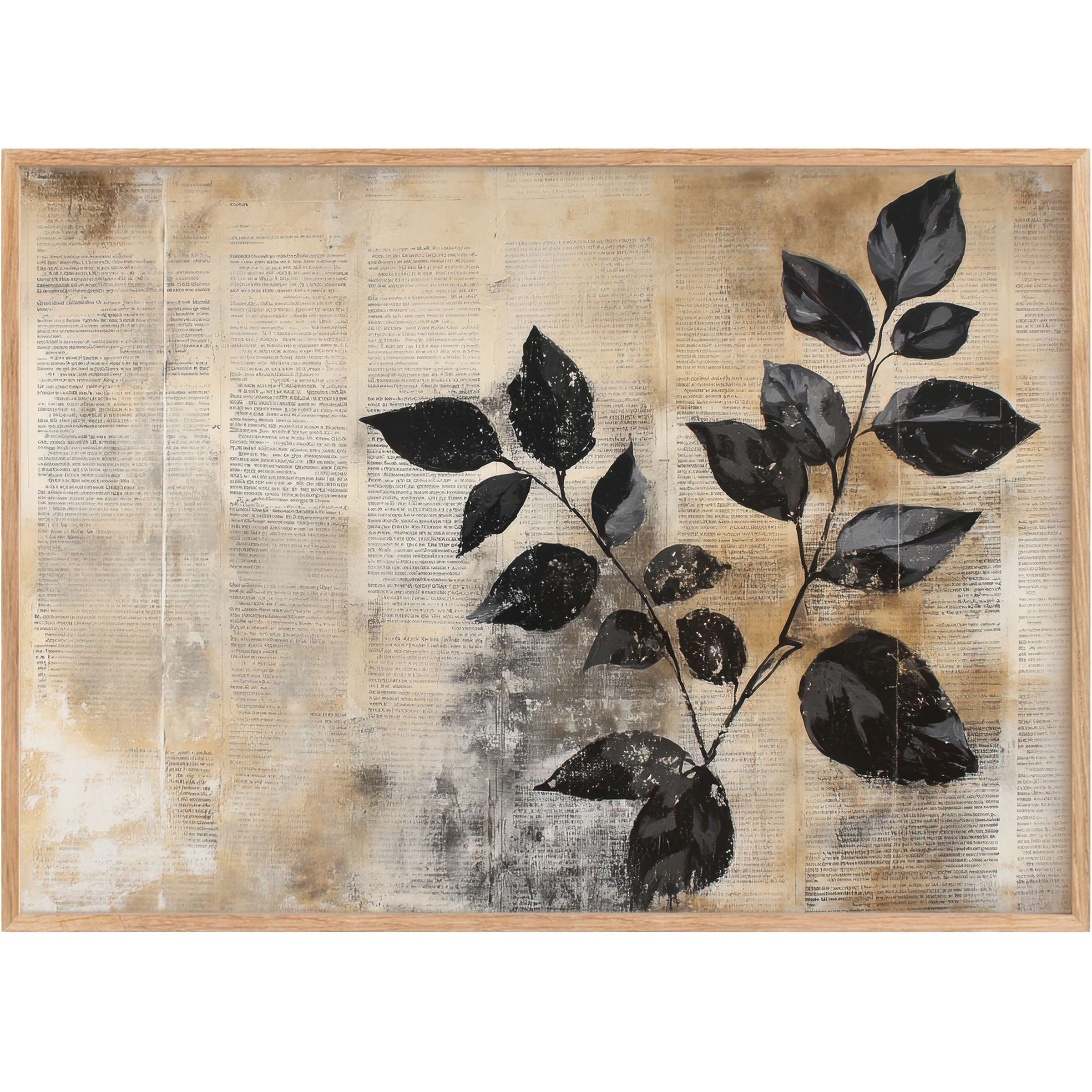 Botanical printable wall art with bold black leaves on a textured beige background, creating a sophisticated, timeless elegance