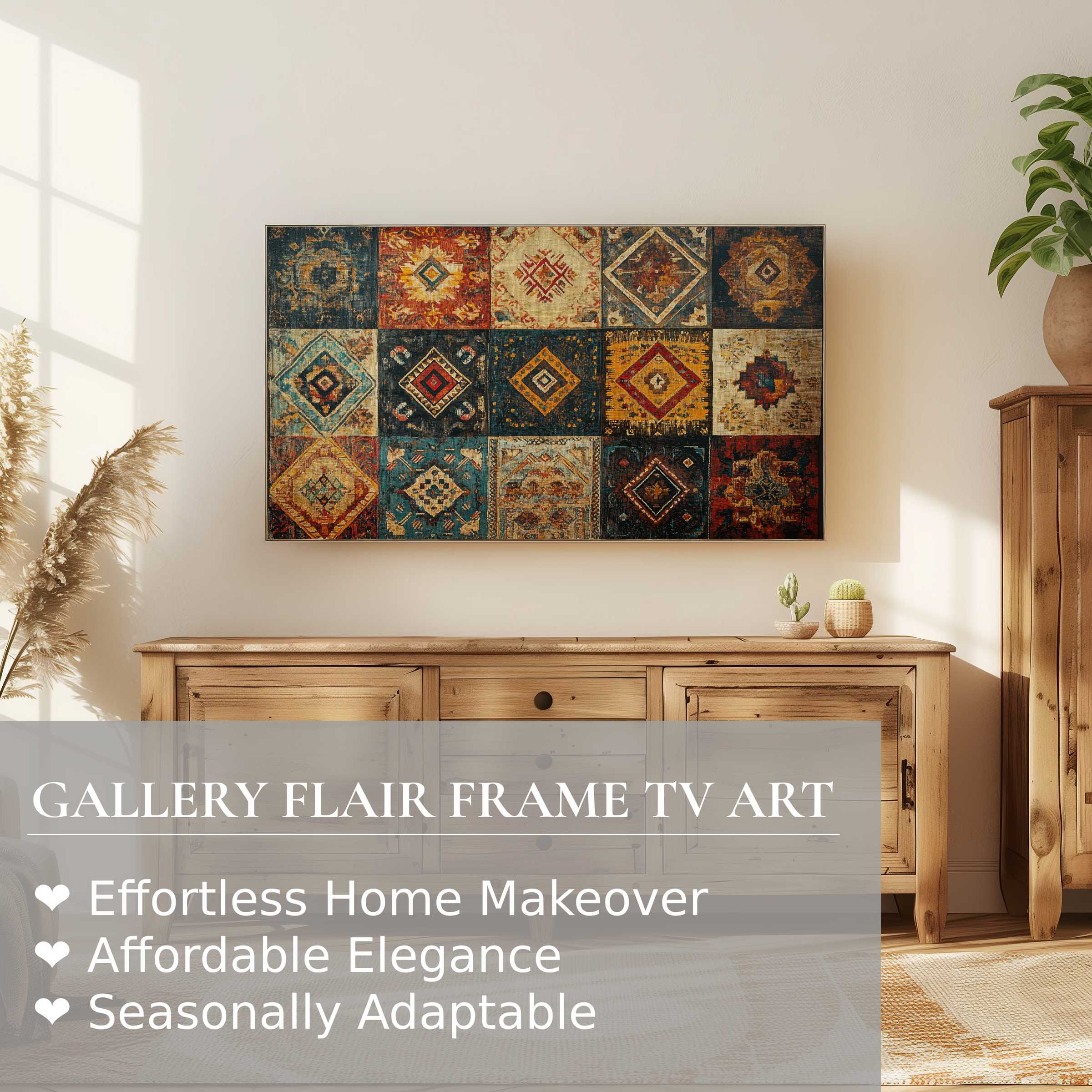 Samsung Frame TV displaying elegant boho digital artwork in warm, earthy tones within a modern, cozy living space
