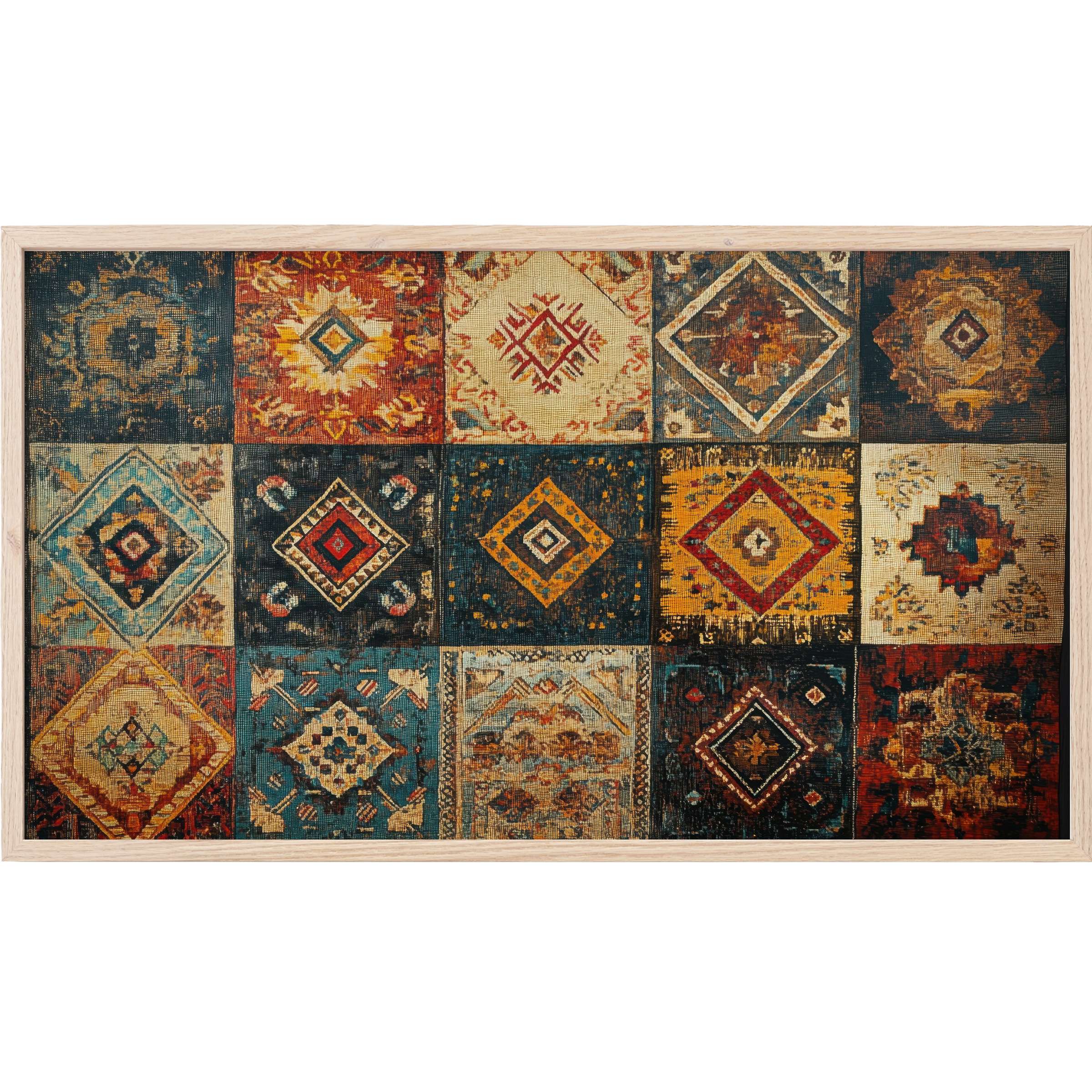 Boho Frame TV Art featuring warm earth tones and intricate geometric patterns in a vintage, textured mosaic style