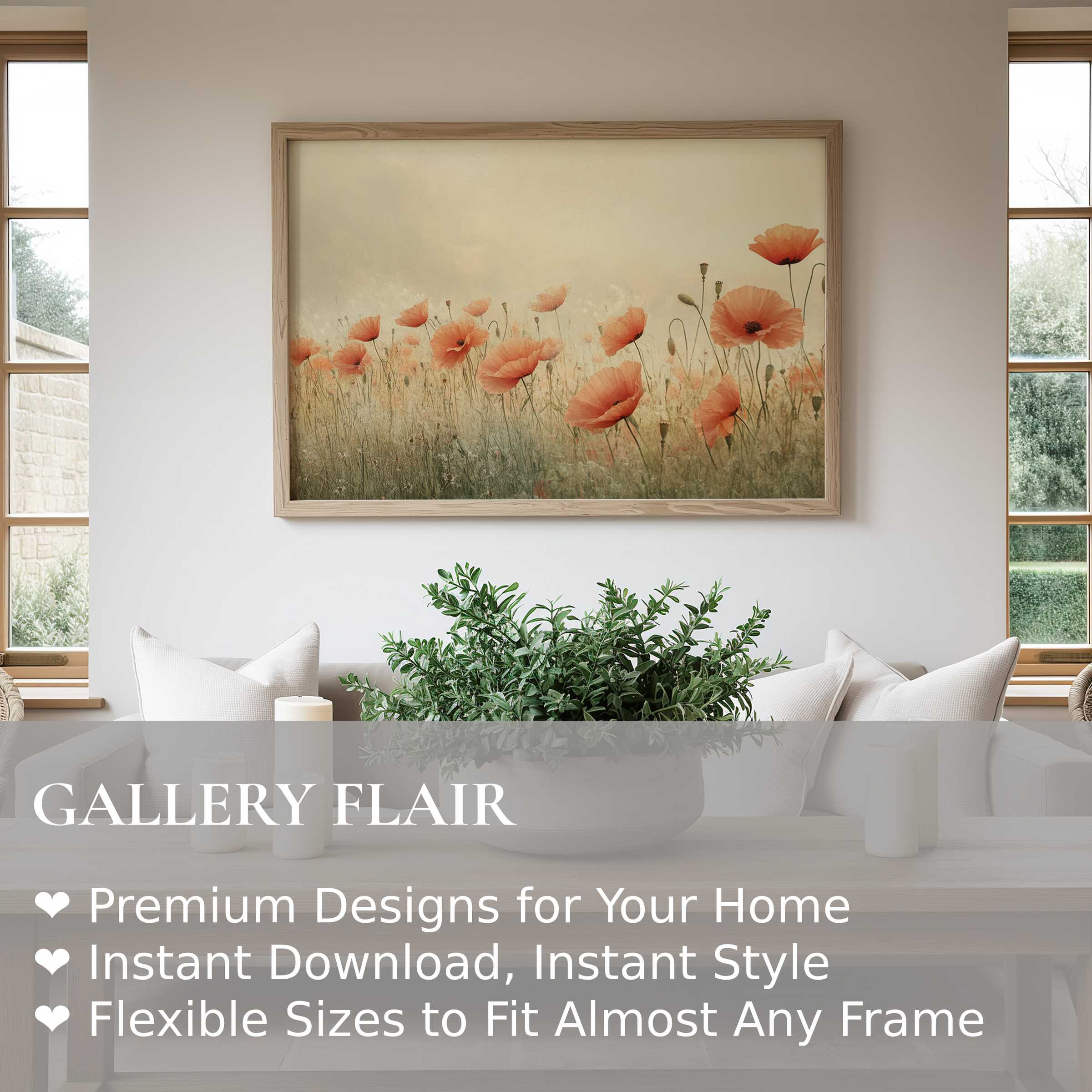 Spring wall art print featuring radiant poppies in soft pastels, enhancing minimalist modern interiors with serene, natural elegance