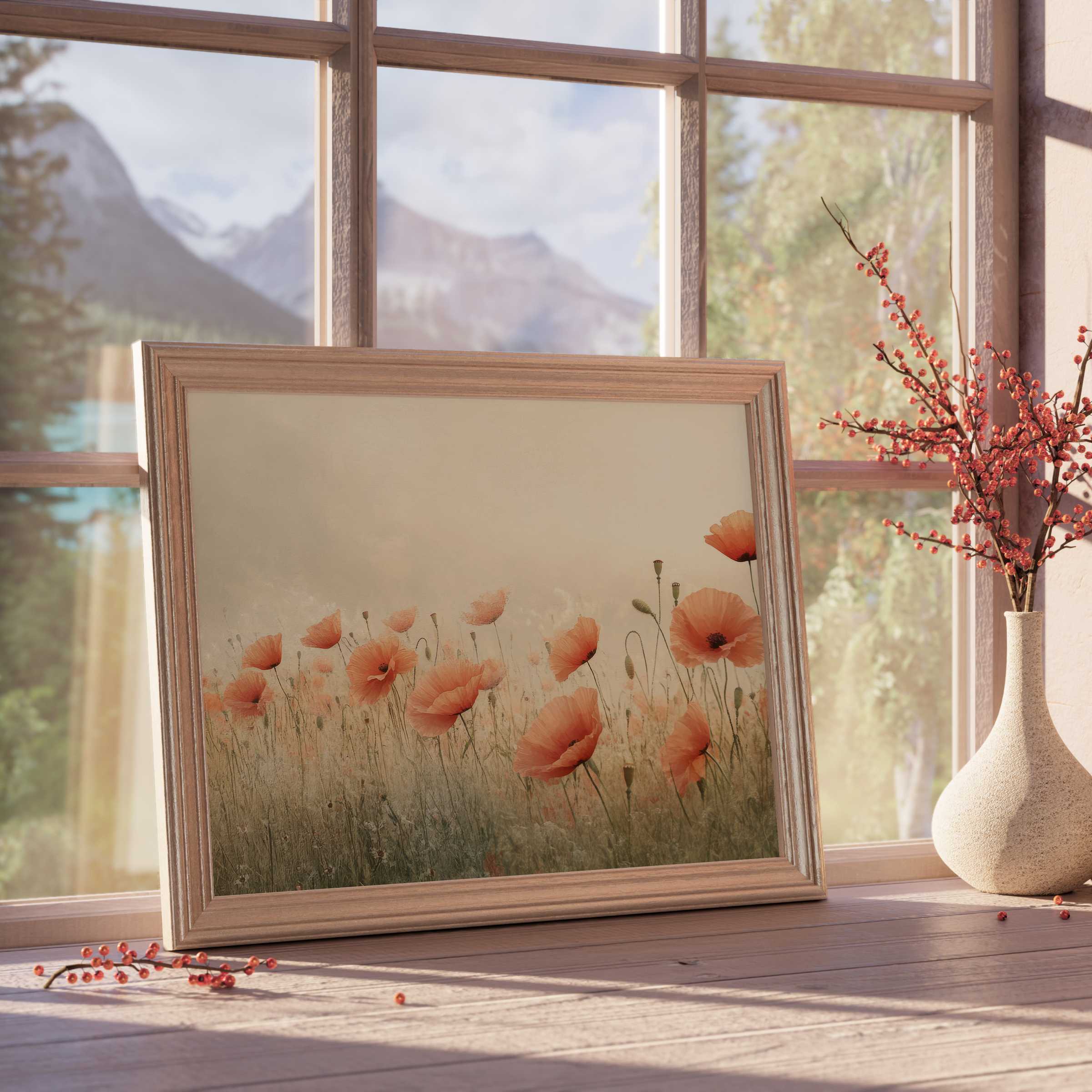 Spring downloadable art of delicate coral poppies in soft light, elevating serene, curated interiors with timeless botanical charm