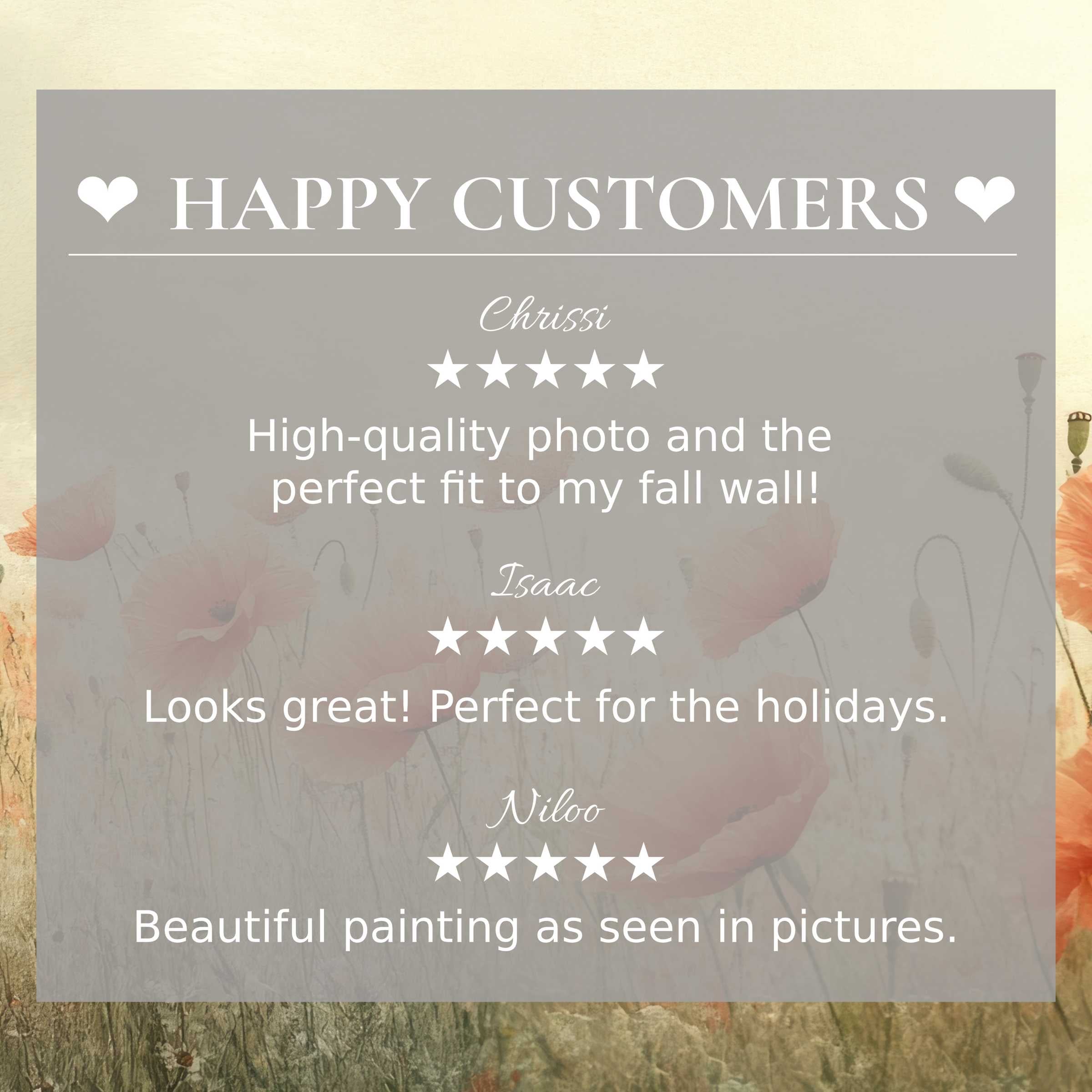Elegant spring art for Frame TV with soft poppy field background, showcasing happy customer reviews building trust