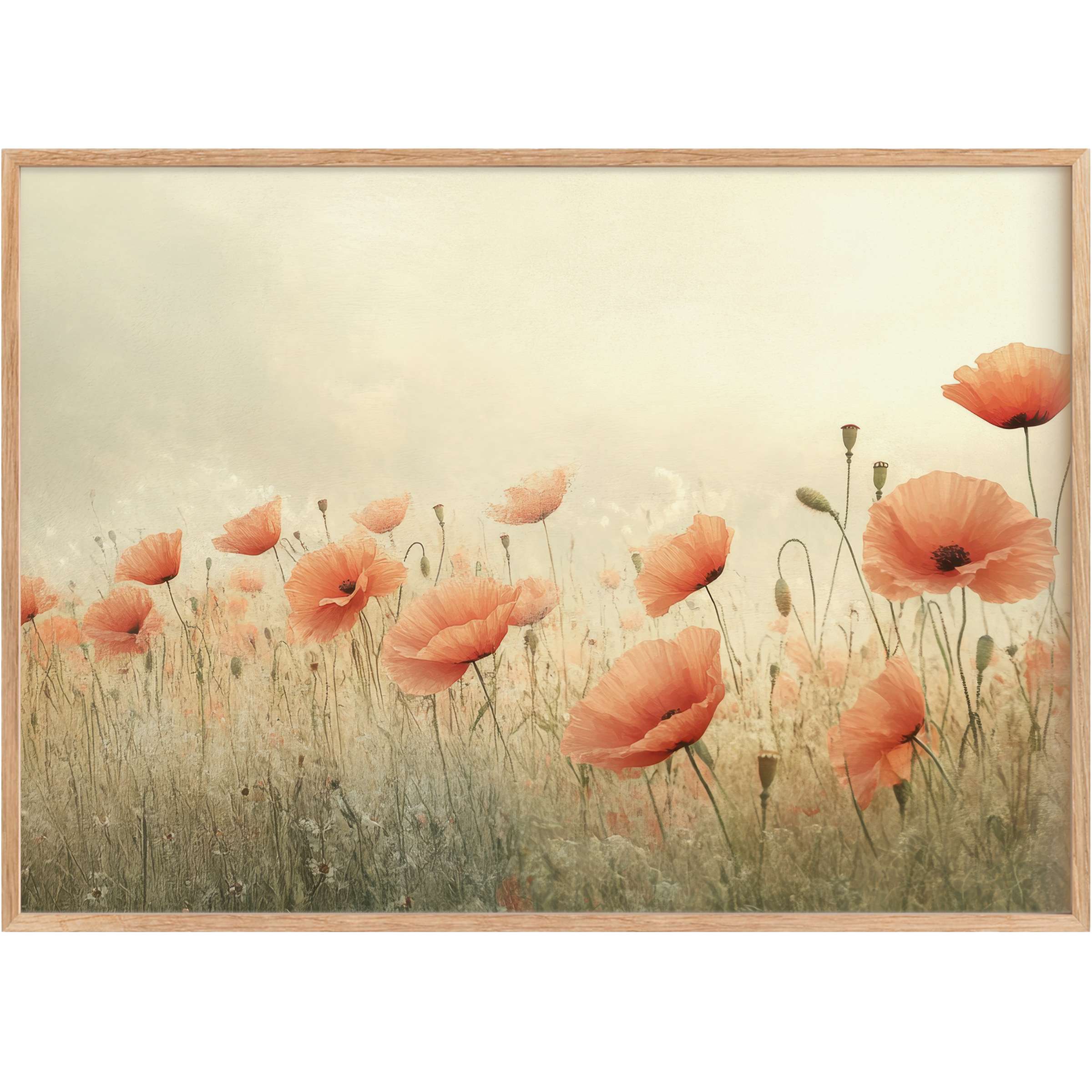 Serene spring printable wall art with delicate coral poppies, evoking a radiant and tranquil aura for refined living spaces