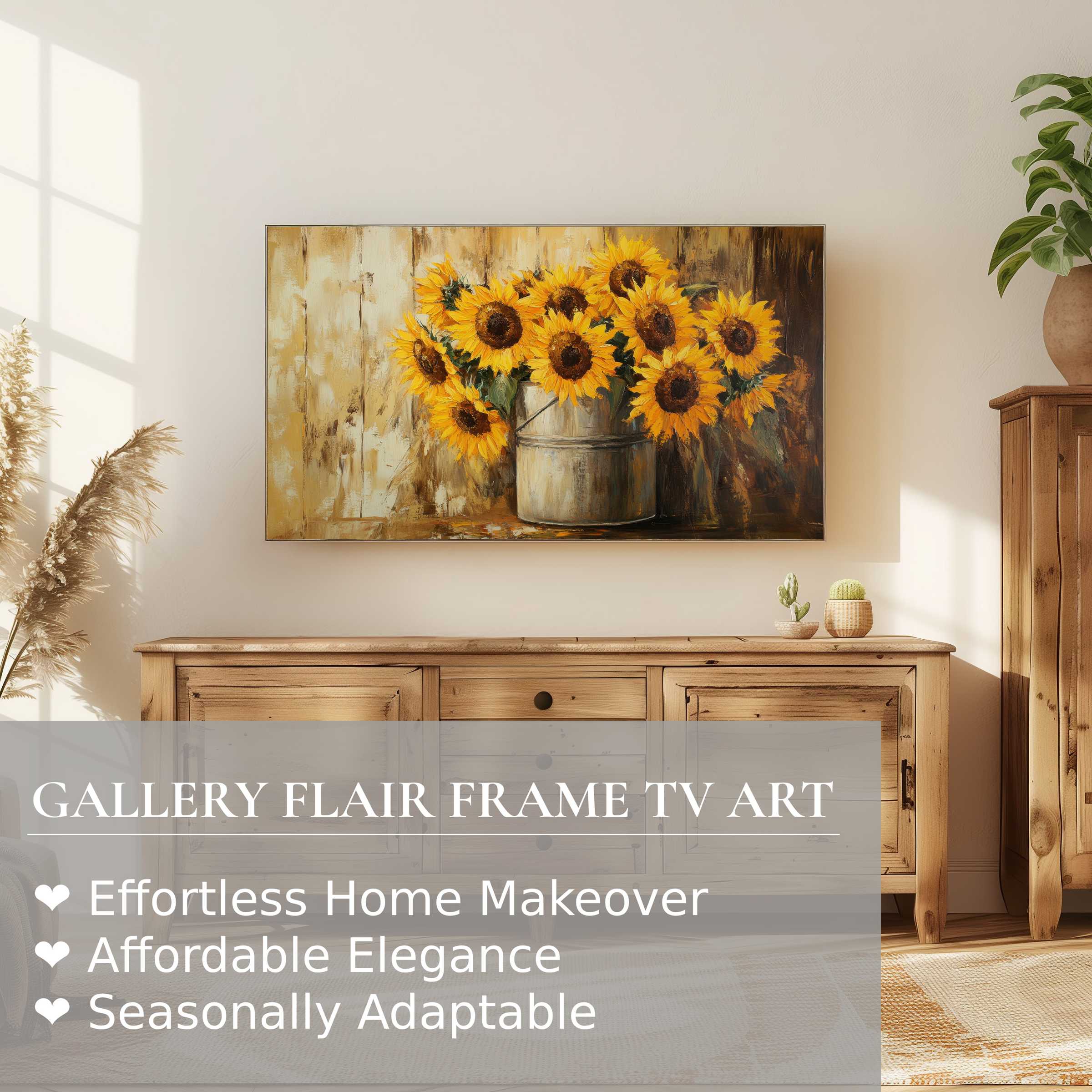 Samsung Frame TV displaying vibrant floral digital artwork of sunflowers in a rustic modern living room setting