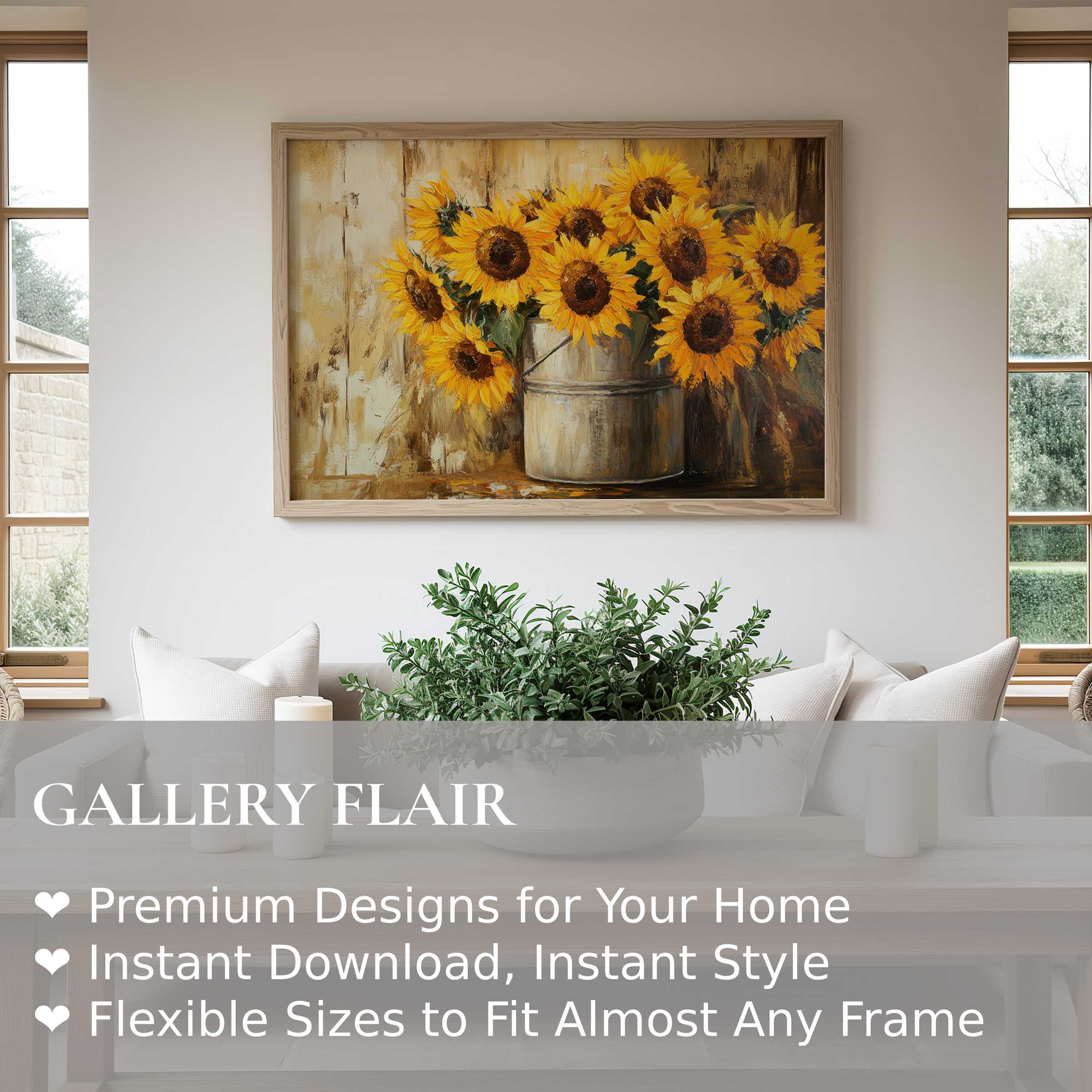 Radiant floral wall art print of sunflowers in rustic tones, enriching a modern farmhouse living room with warm, natural elegance