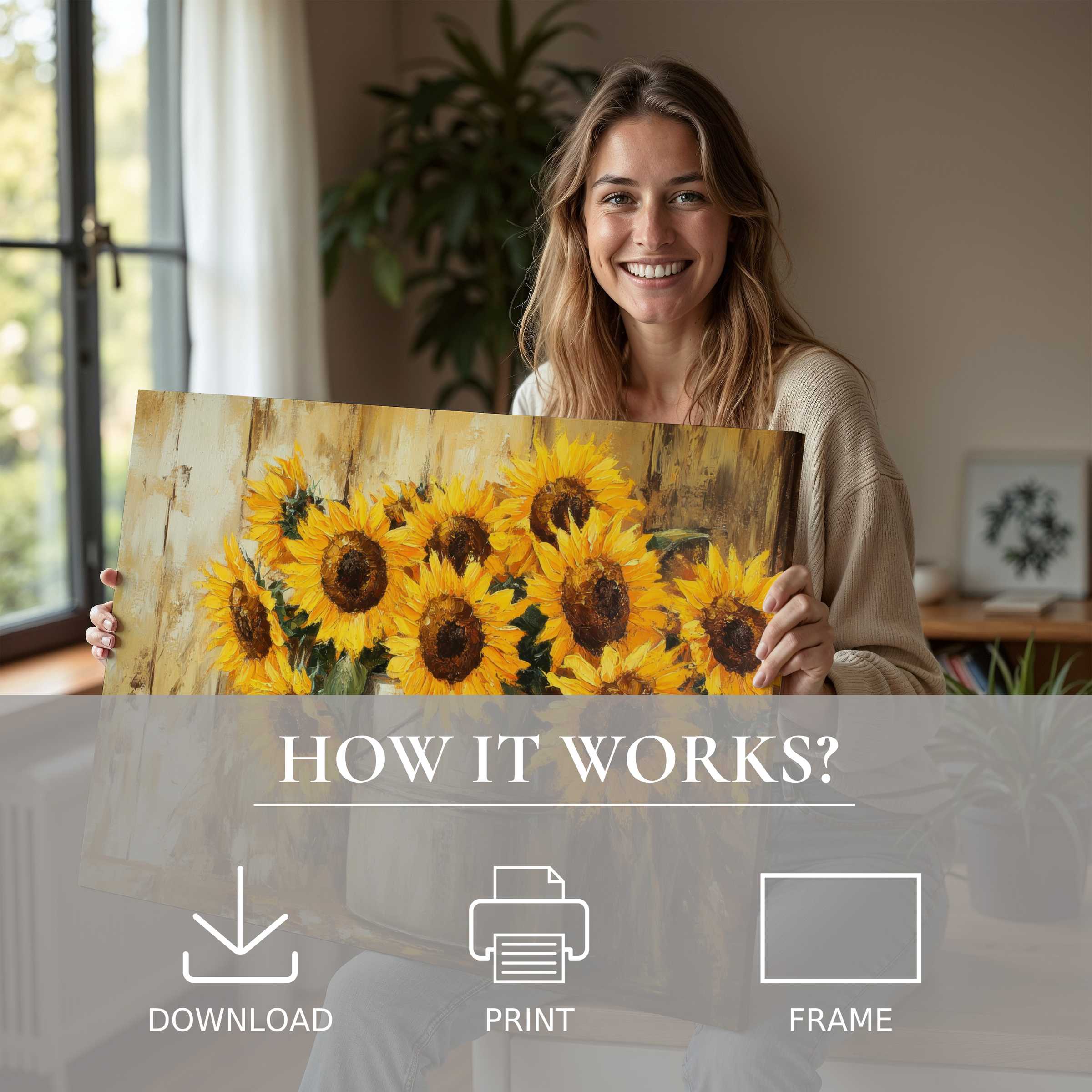 Sunlit moment of joyful connection with vibrant floral digital art print, embracing effortless elegance in modern decor
