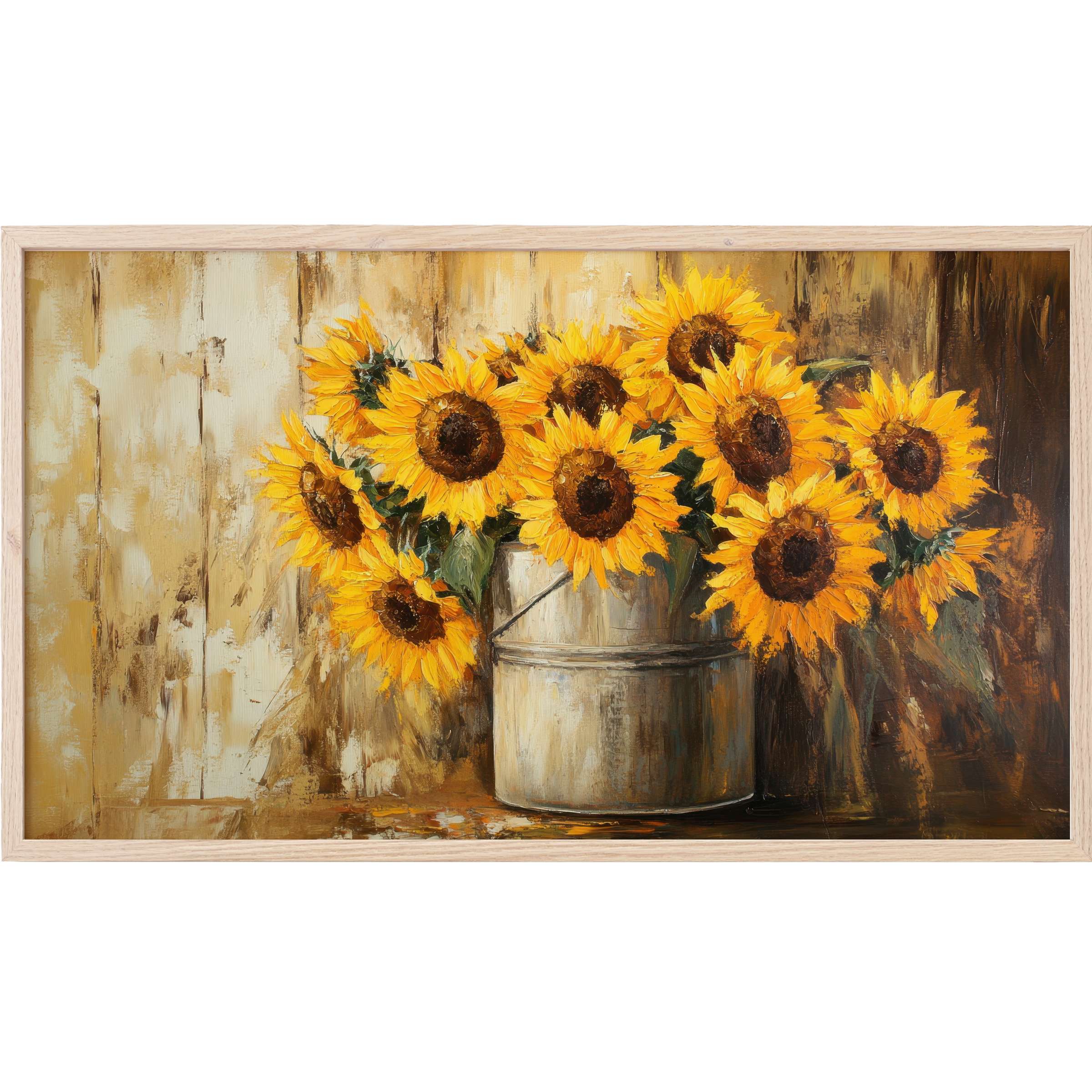 Floral Frame TV Art features vibrant sunflowers in rustic tones with textured brushstrokes and warm earthy hues