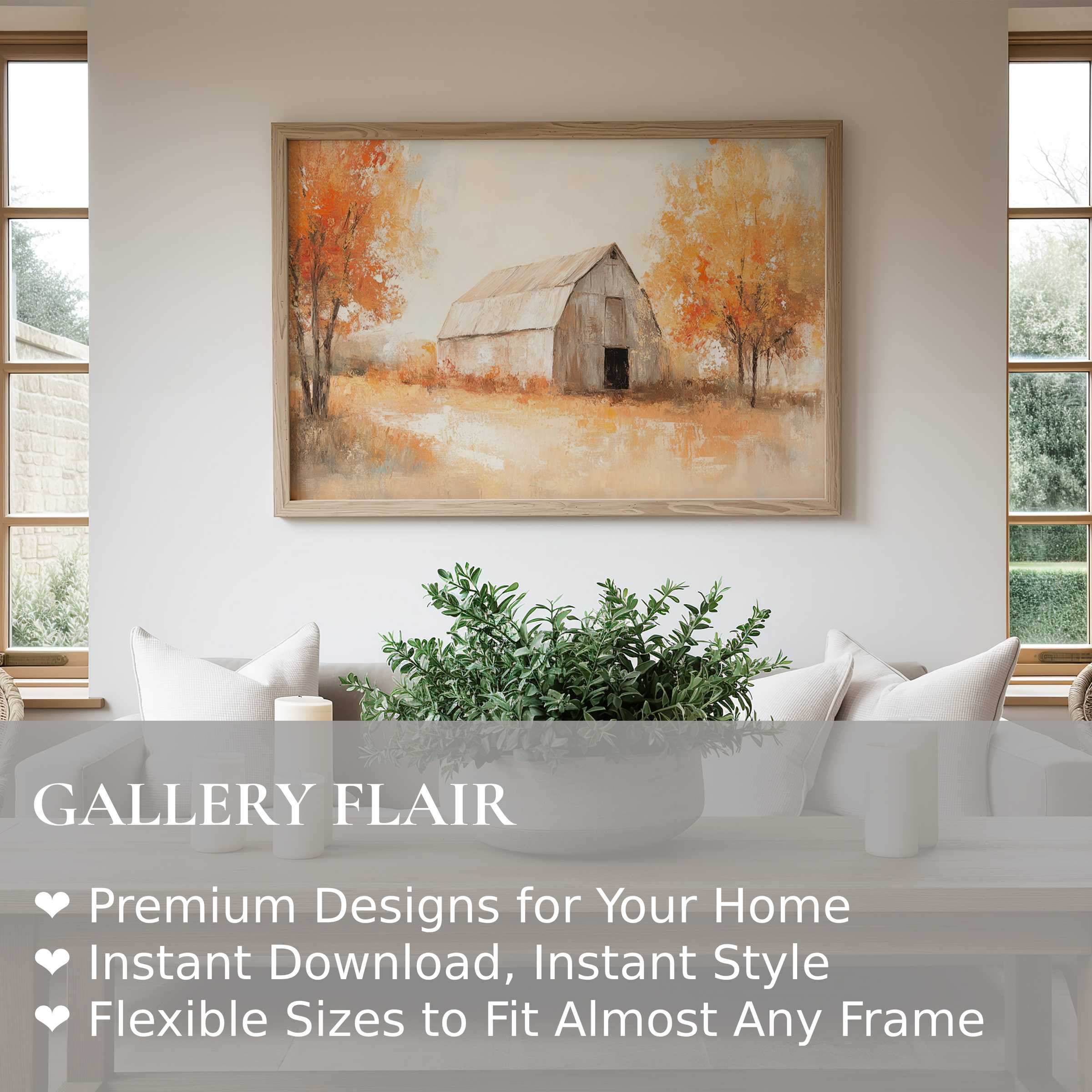Farmhouse wall art print in warm autumn hues enhances modern rustic interiors with radiant charm and serene countryside elegance