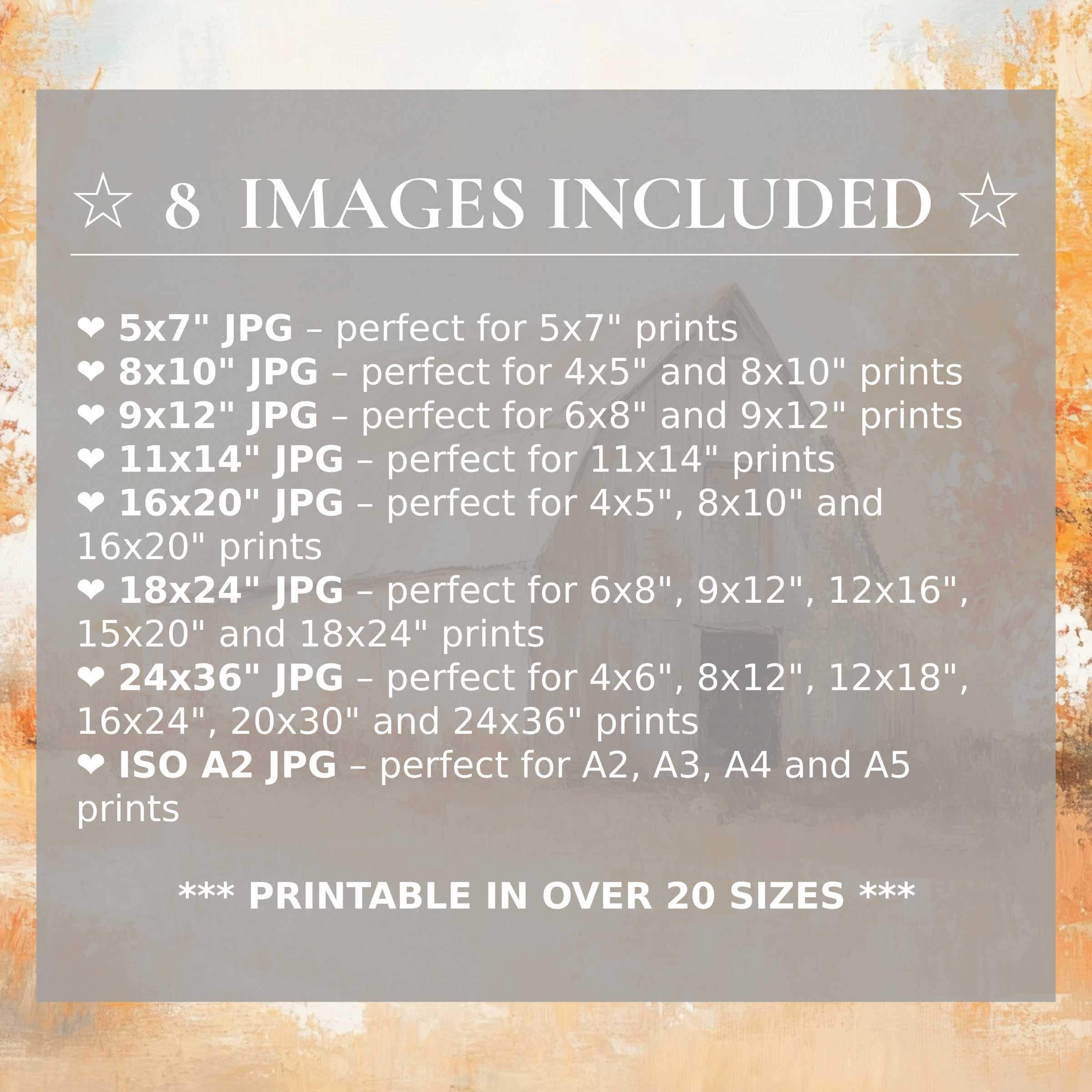 Farmhouse digital print radiates warm amber and soft gray hues, enhancing modern interiors with style and 8 sizes included
