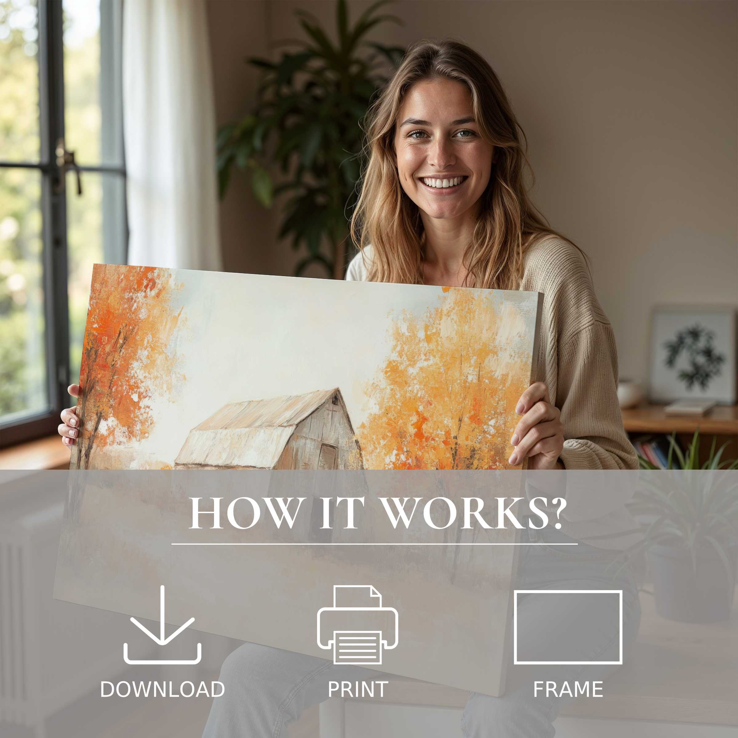 Radiant farmhouse digital art print bringing warm autumn hues and heartfelt joy into a modern, stylish home setting