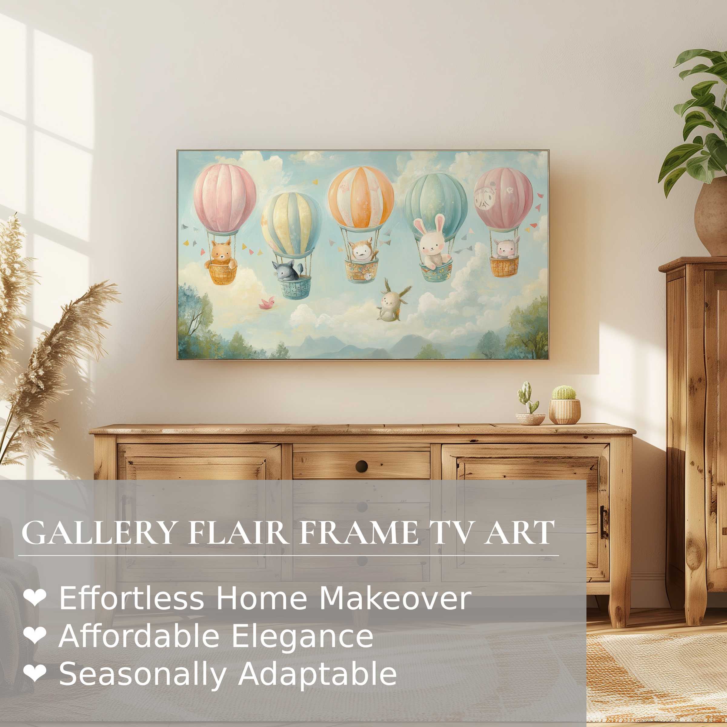 Samsung Frame TV displays charming pastel nursery digital artwork with hot air balloons and woodland creatures
