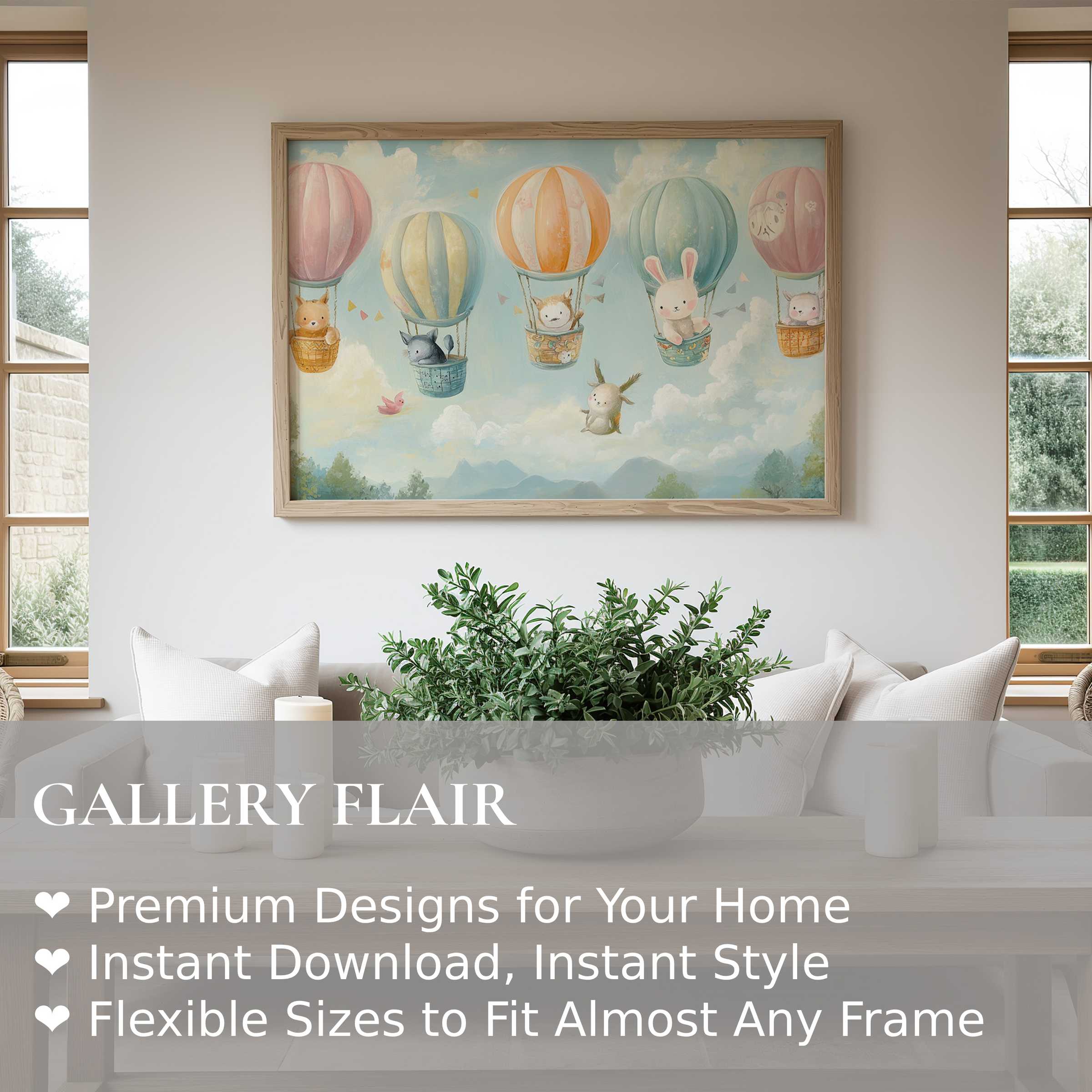 Nursery wall art print with whimsical pastel hot air balloons and animals evokes a soft, calming ambiance in a modern minimalist nursery