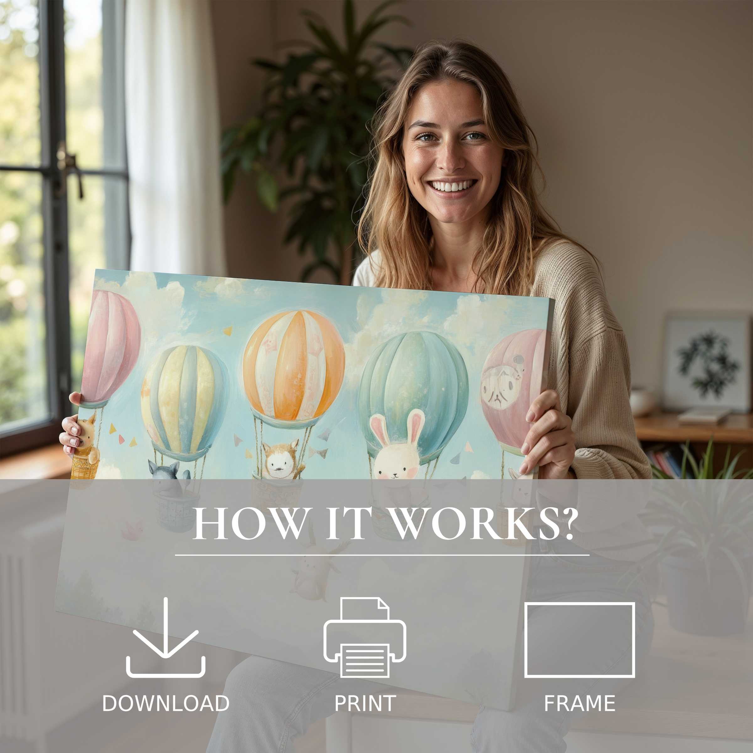 A joyful moment in a sunlit modern home reveals the serene charm of nursery digital art print, elevating everyday spaces with warmth and whimsy