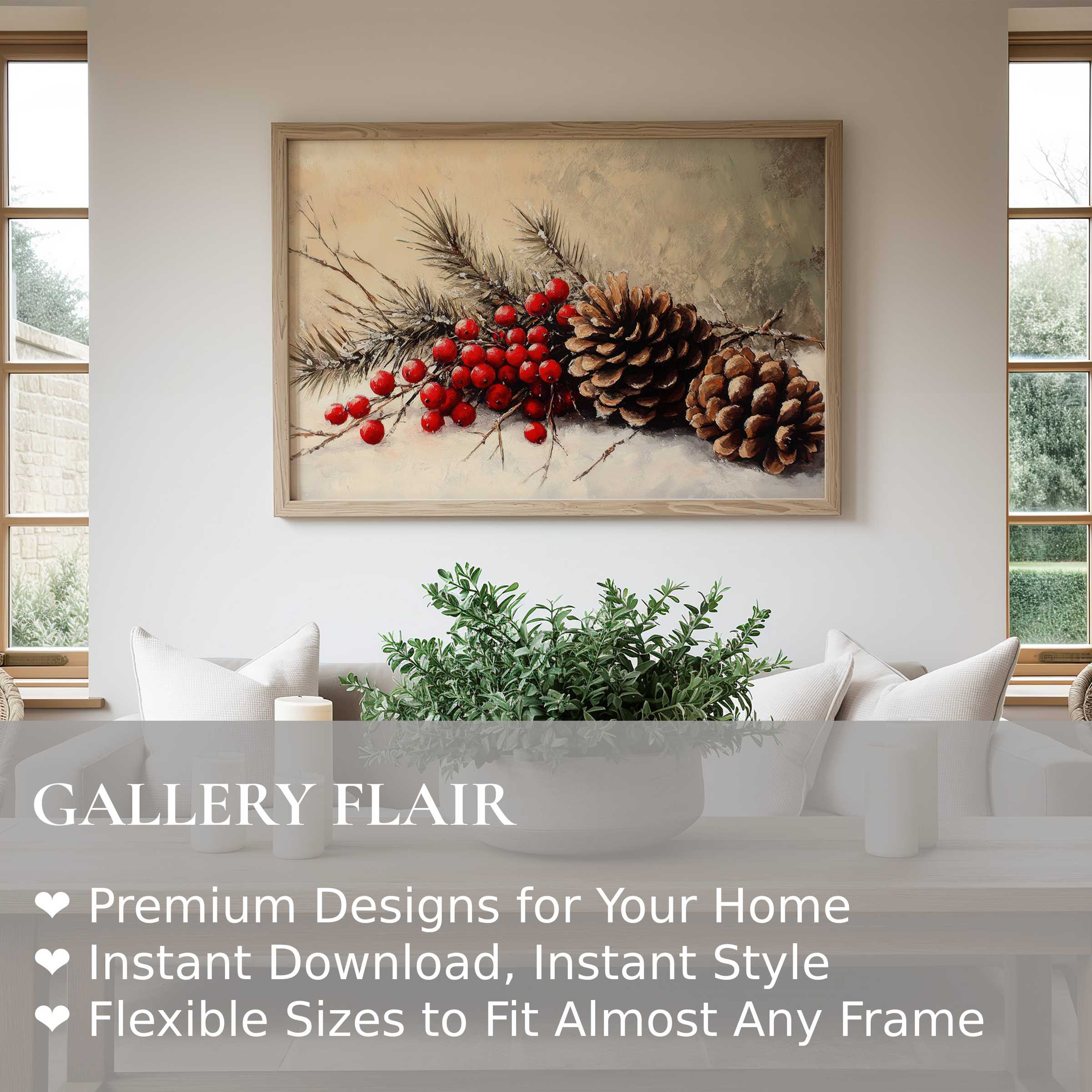 Christmas wall art print featuring radiant pinecones and vibrant red berries, perfect for modern rustic interiors and cozy seasonal decor