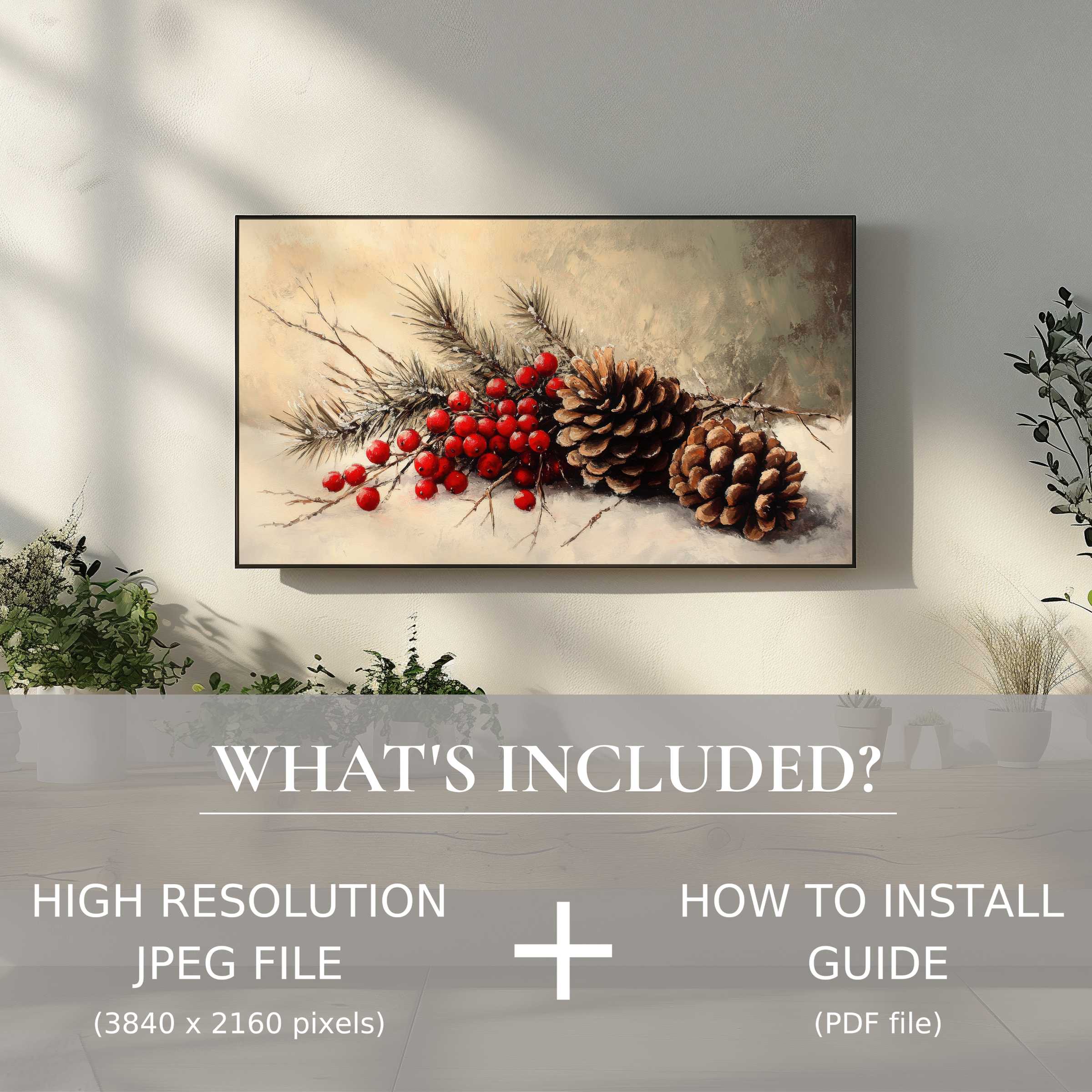 Elegant christmas digital TV art download featuring pinecones and berries, easily enhancing any stylish living space digitally