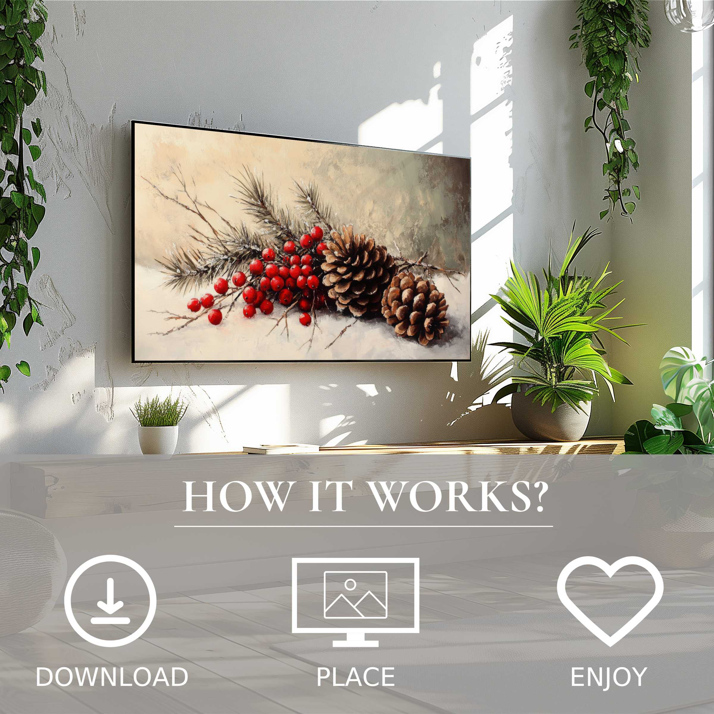 Modern living room with easy digital download; christmas art for Samsung TV shows warm pinecone and berry motif