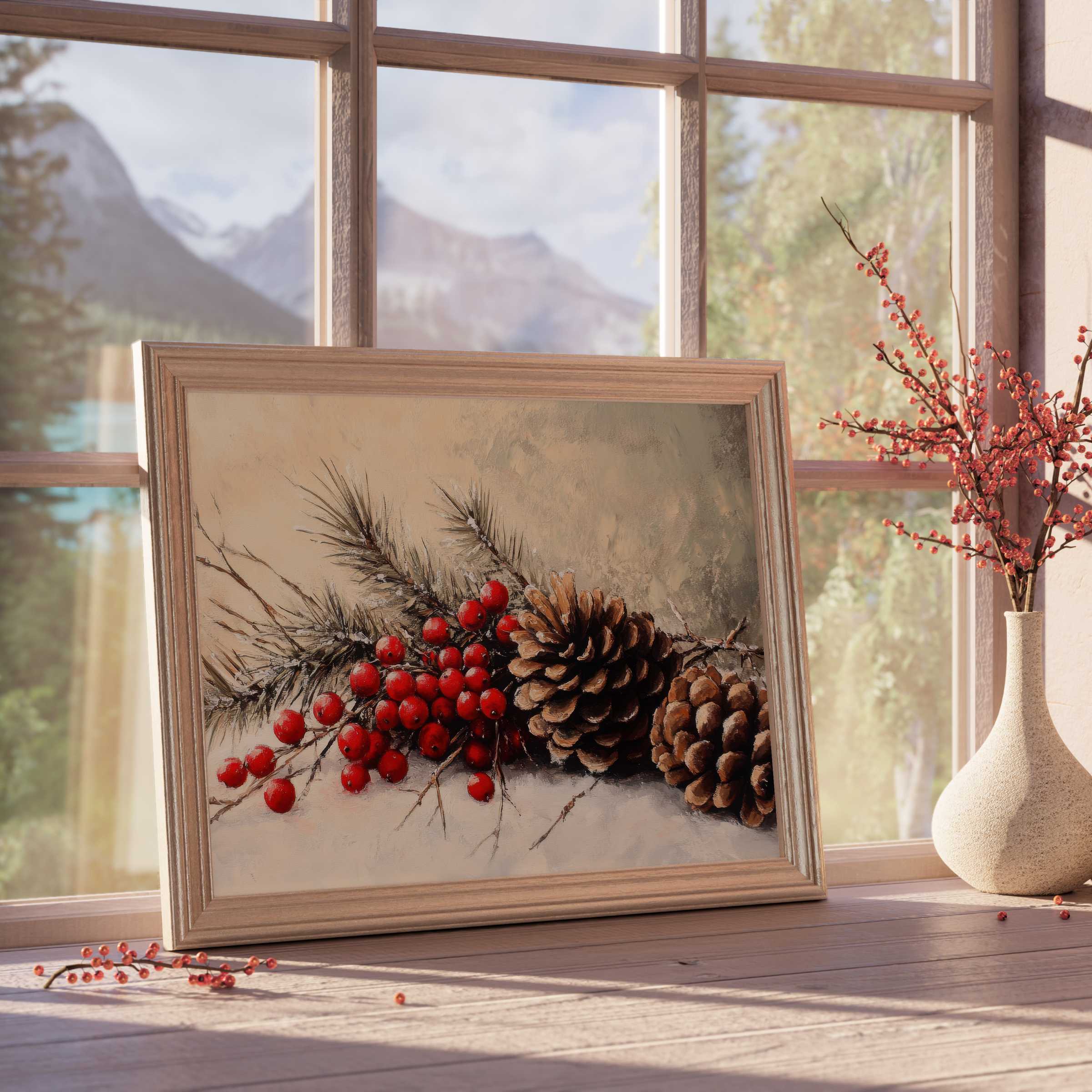 Christmas downloadable art featuring pinecones and vibrant red berries, evoking warm, tranquil holiday elegance in chic, nature-inspired interiors