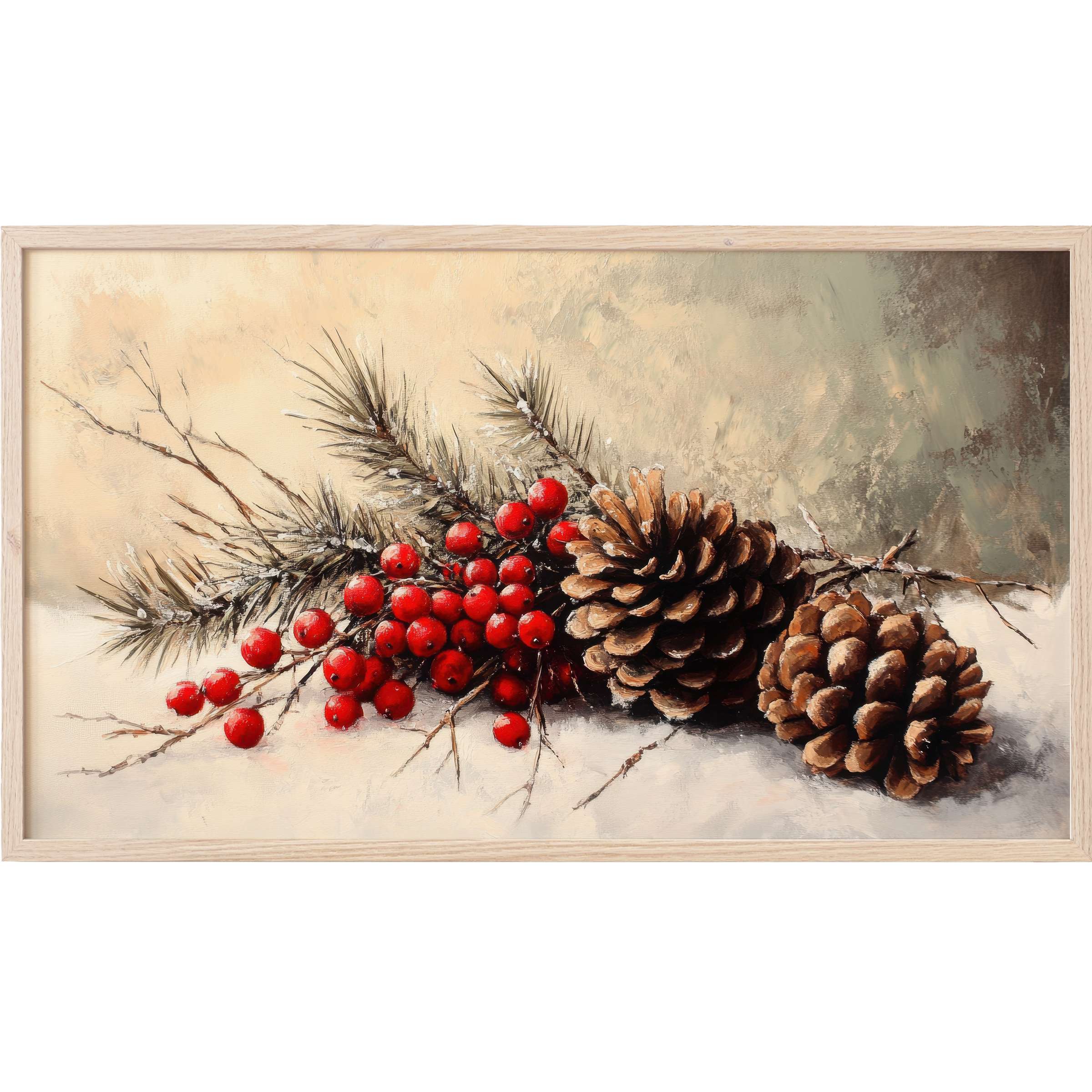 Elegant christmas Frame TV Art with pinecones and red berries in warm neutrals and rich textures