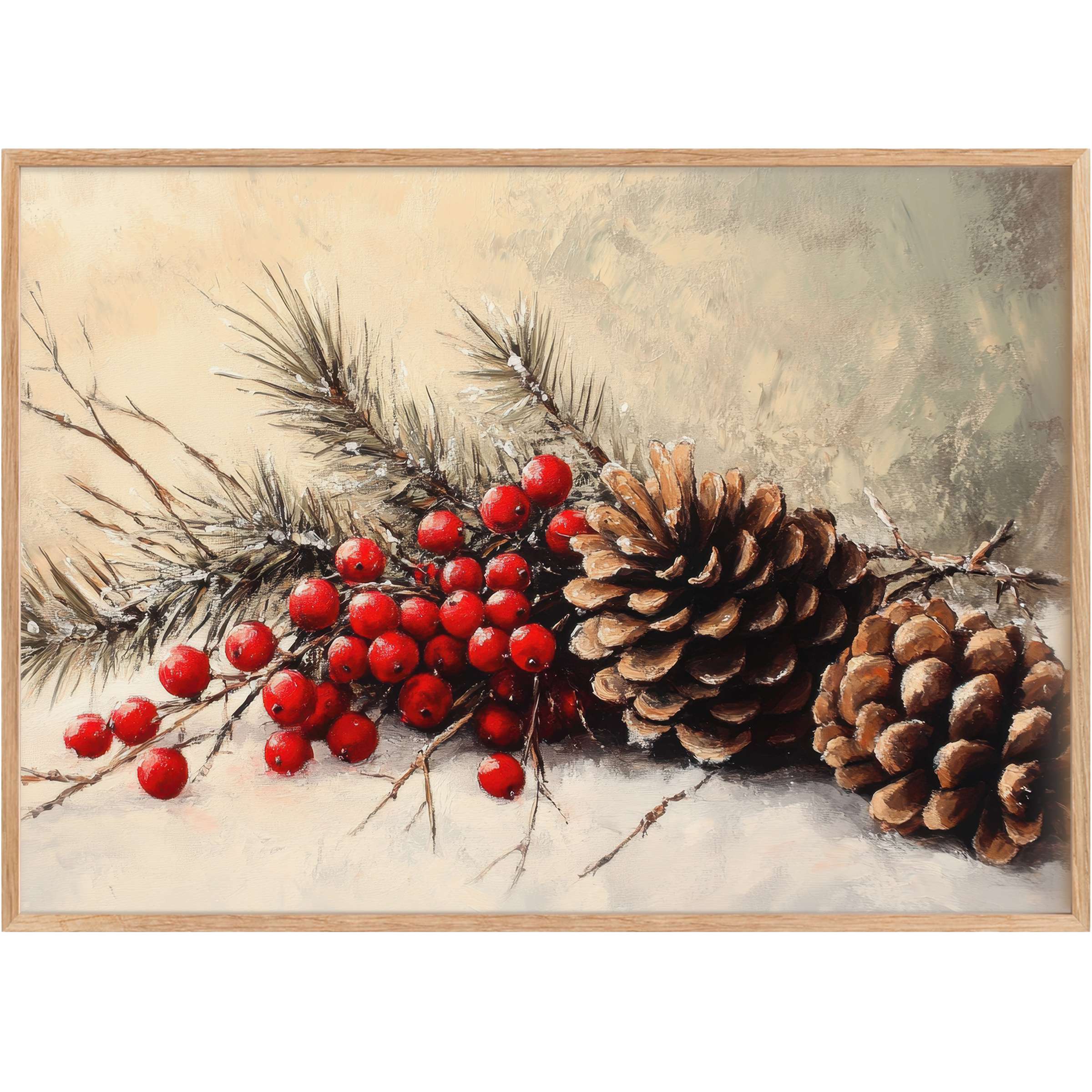Christmas printable wall art evokes serene winter elegance with rich red berries and warm pinecones, perfect for sophisticated seasonal spaces