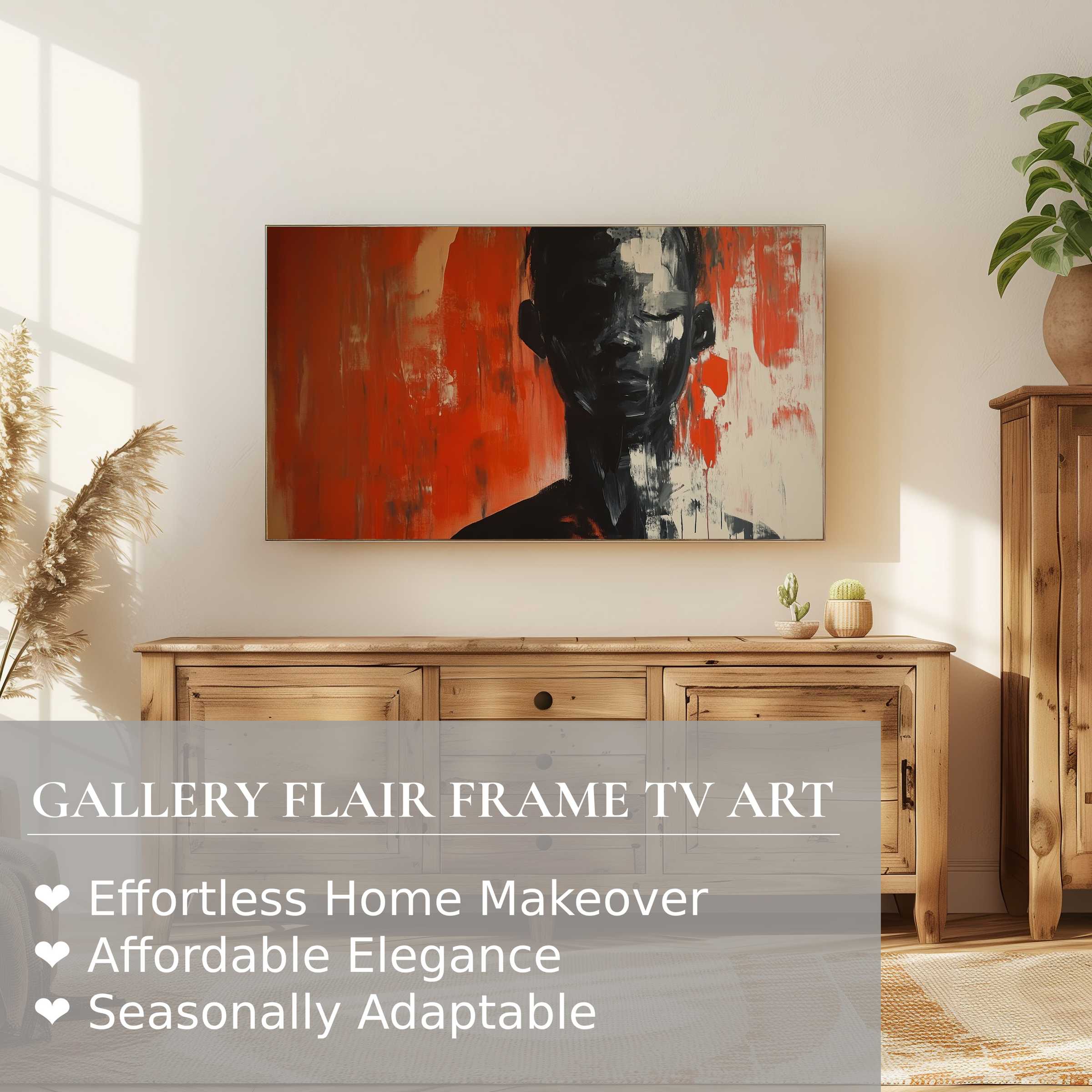 Samsung Frame TV displays bold modern digital artwork in a warm, minimalist living space with natural wood tones