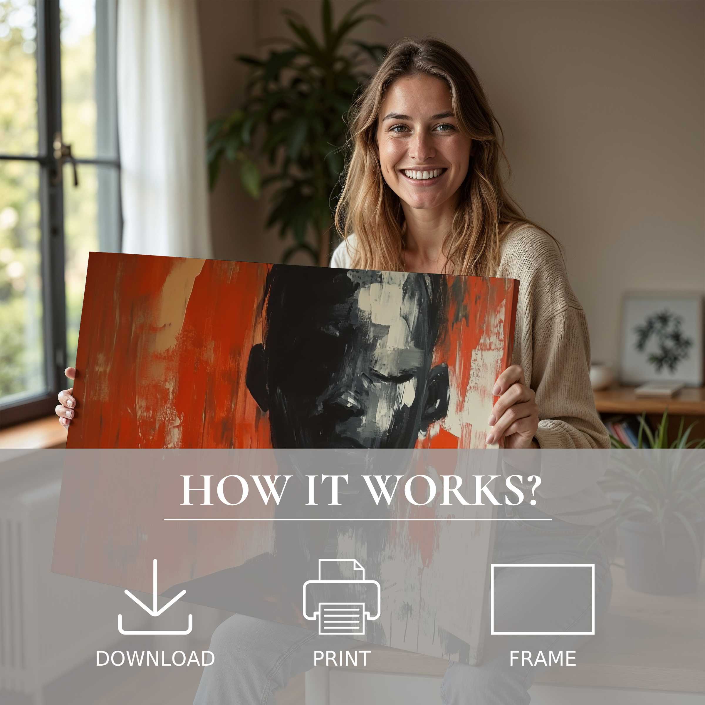 A radiant woman in a serene, stylish home embracing a modern digital art print, evoking joy and effortless elegance