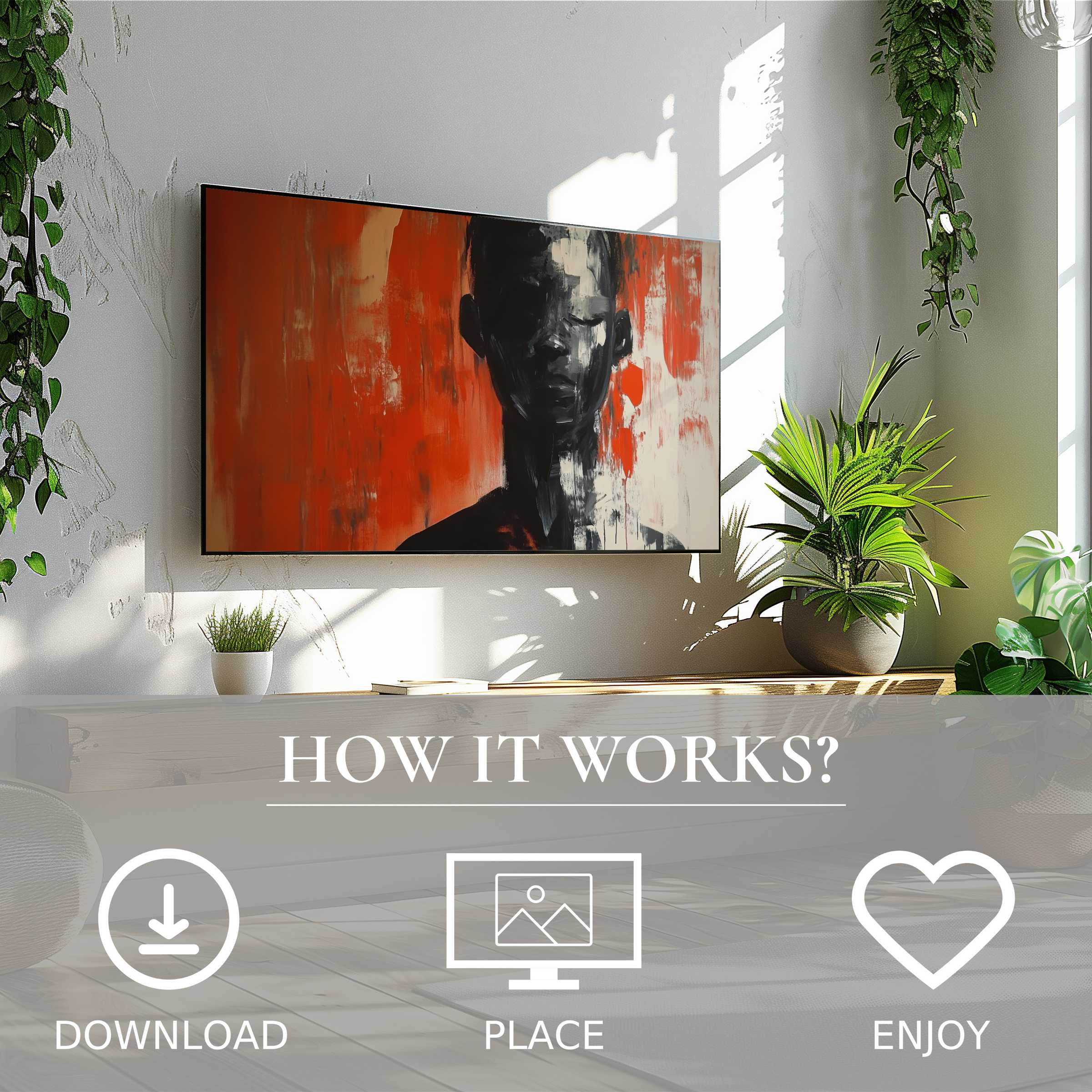 Modern art for Samsung TV showing abstract portrait in bold red and black tones, easy digital download enhances living spaces