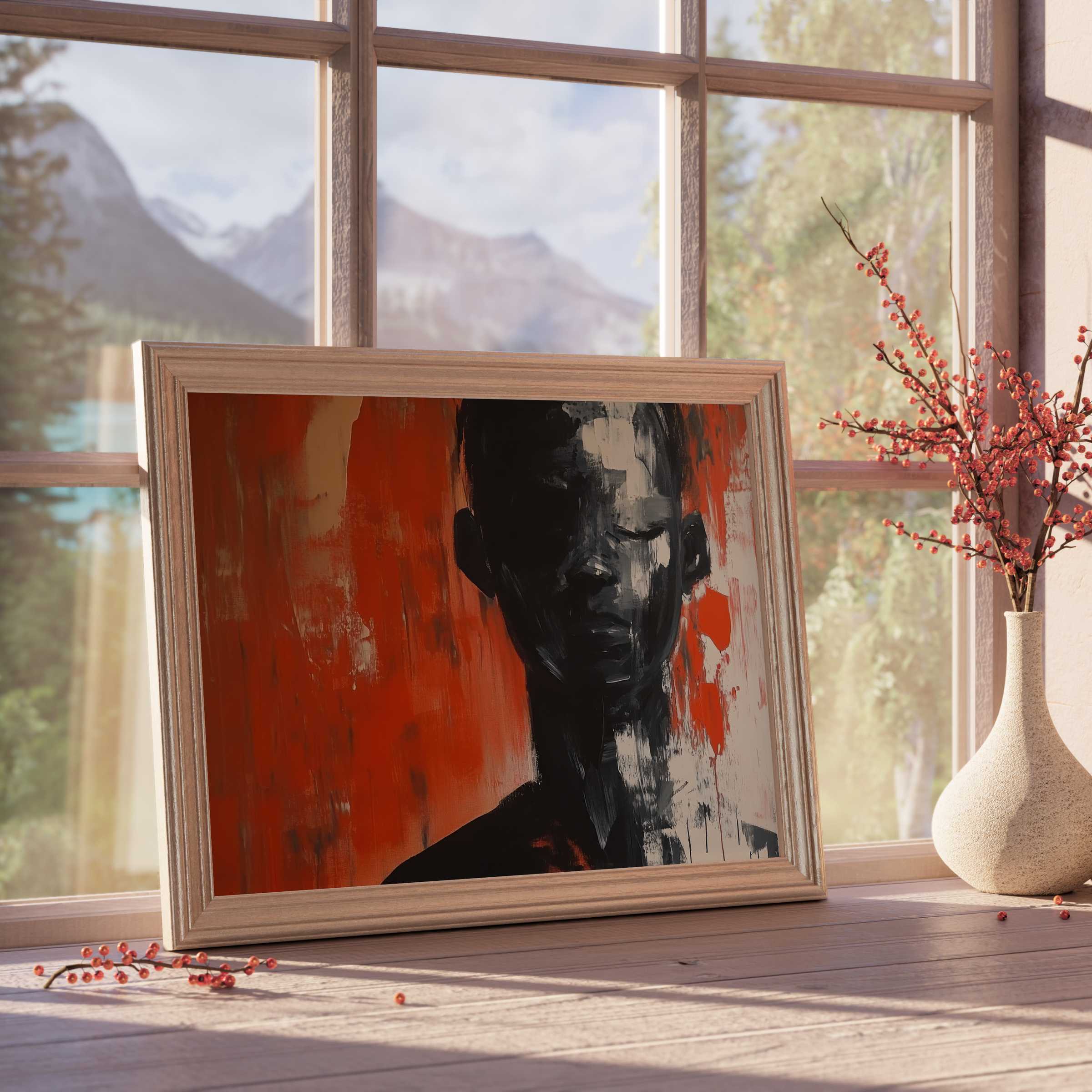 Modern downloadable art featuring a moody abstract portrait in deep blacks and fiery reds, enriching curated, tranquil interiors