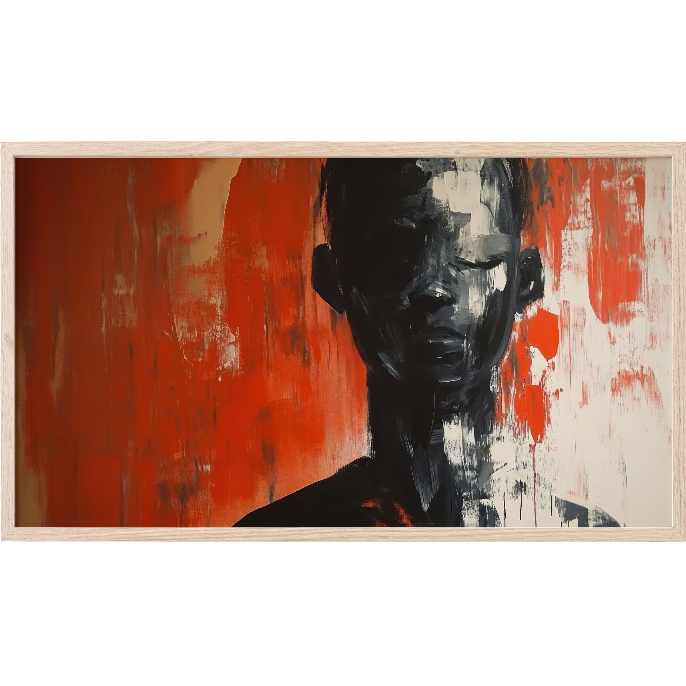 Modern Frame TV Art depicting an abstract silhouette in bold black, white, and vibrant orange brushstrokes