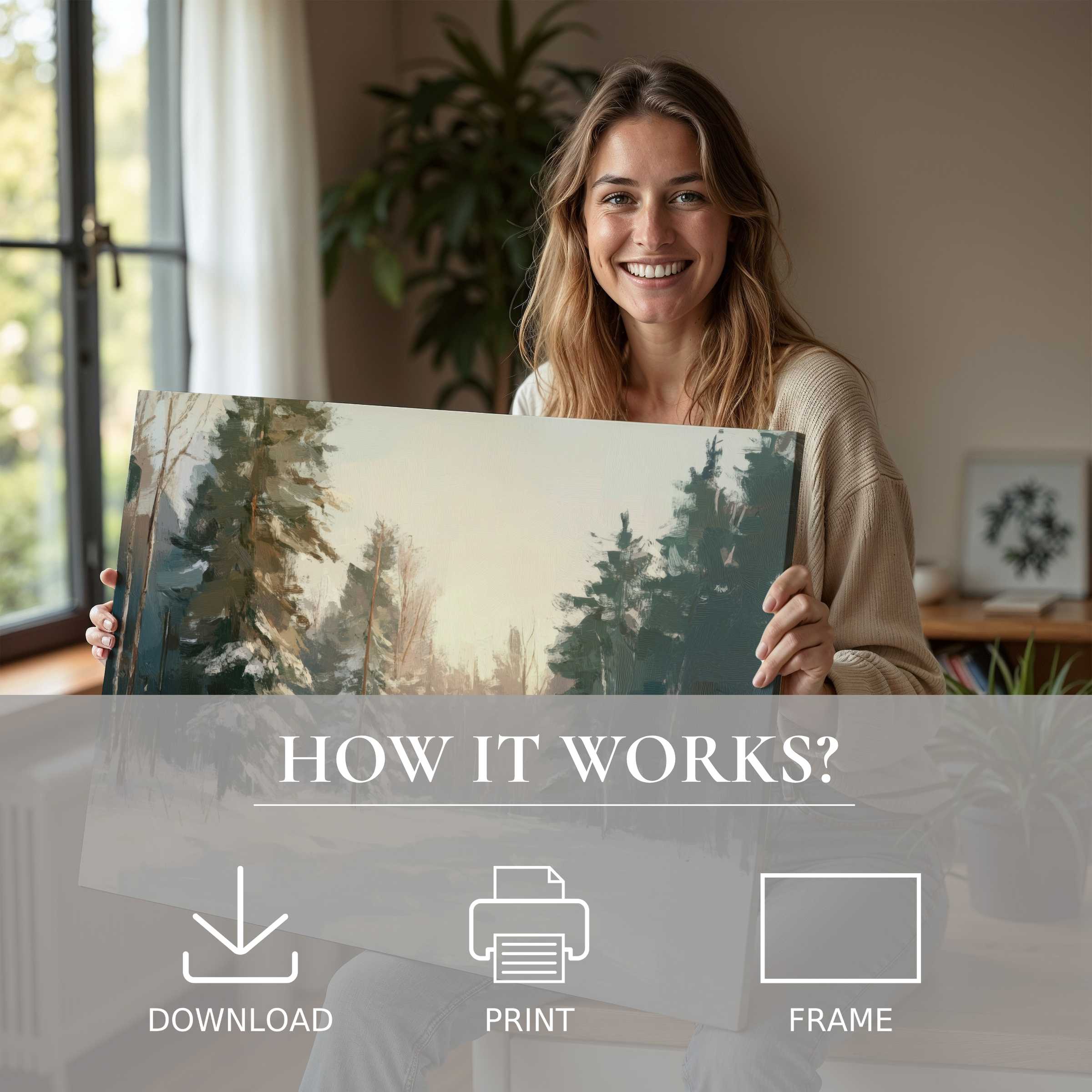 Woman in a stylish home radiates joy, embracing a winter digital art print that transforms space with serene elegance