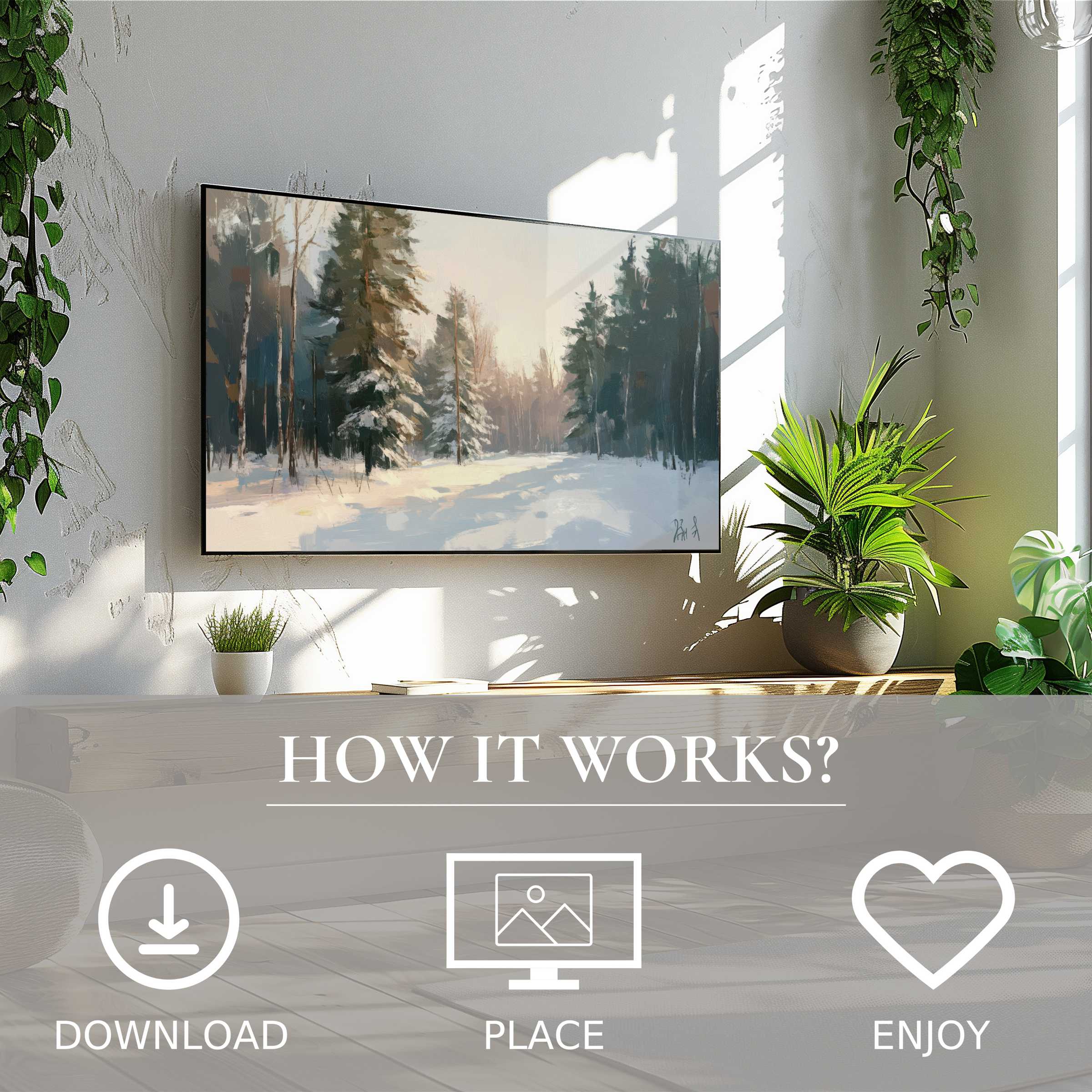 Winter art for Samsung TV shows soft snowy forest tones; easy digital download enriches modern living spaces