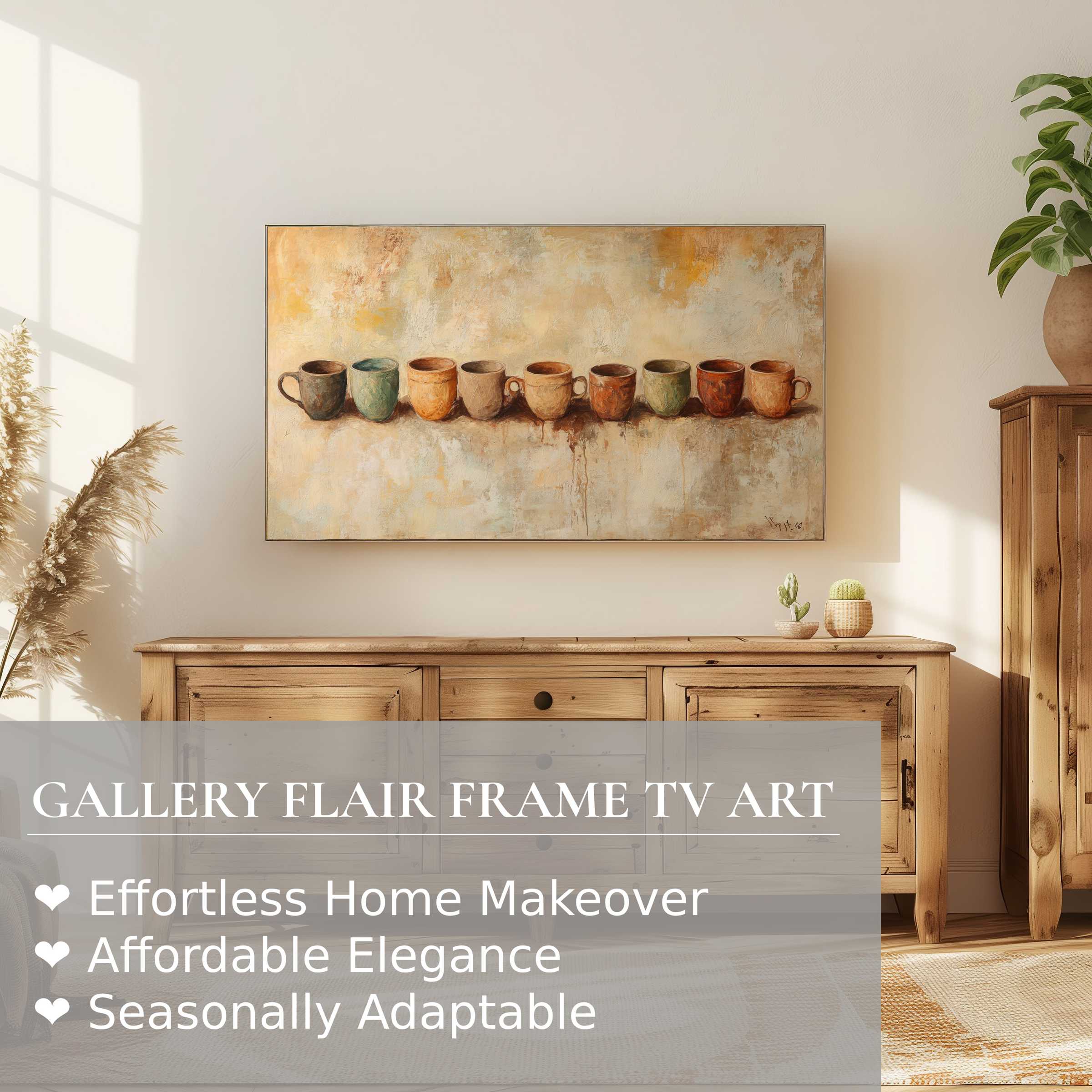 Samsung Frame TV showcasing boho digital artwork of earthy-toned cups in a warm, elegant living space