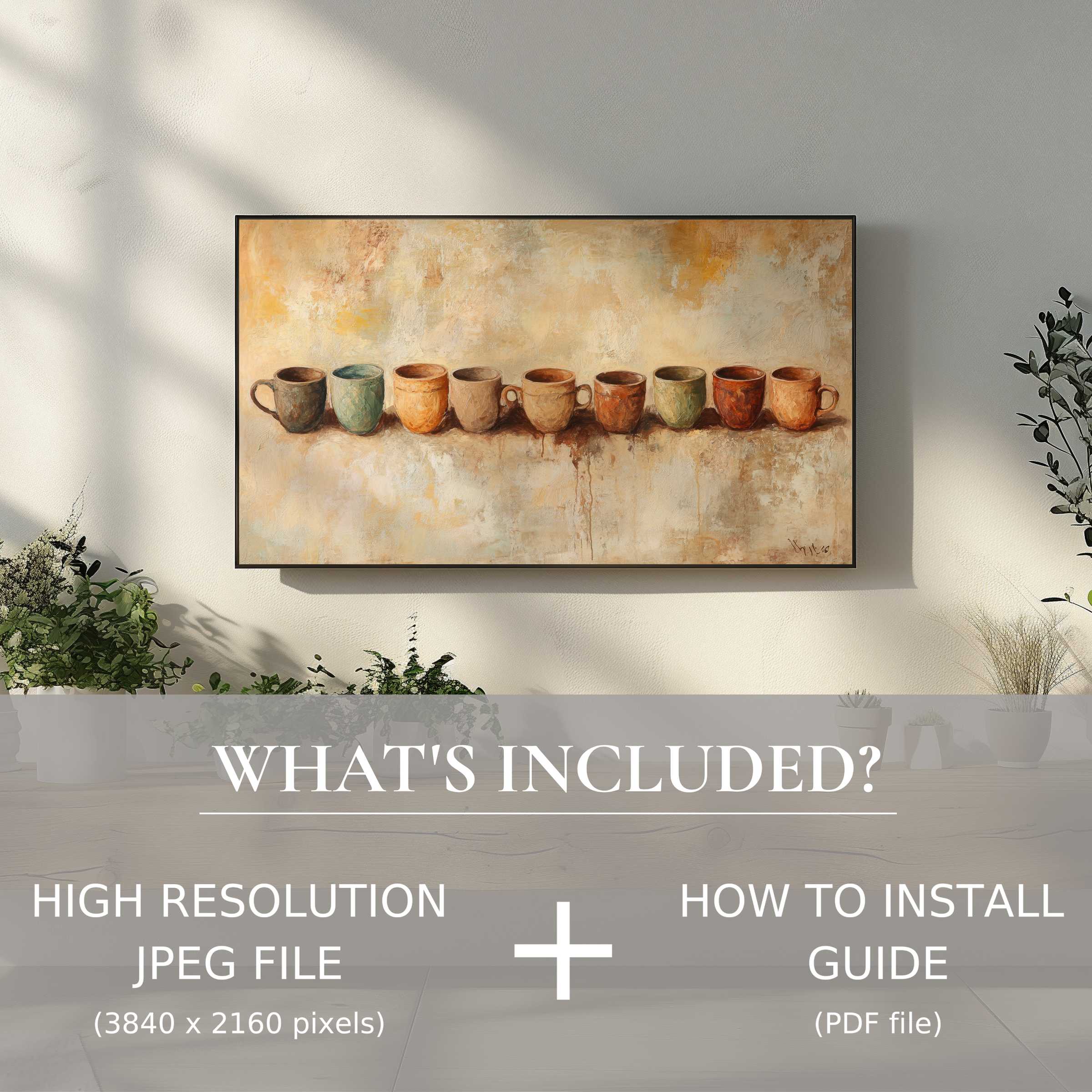 Elegant boho digital TV art download showcasing earthy tones, easy digital use to elevate your modern living space