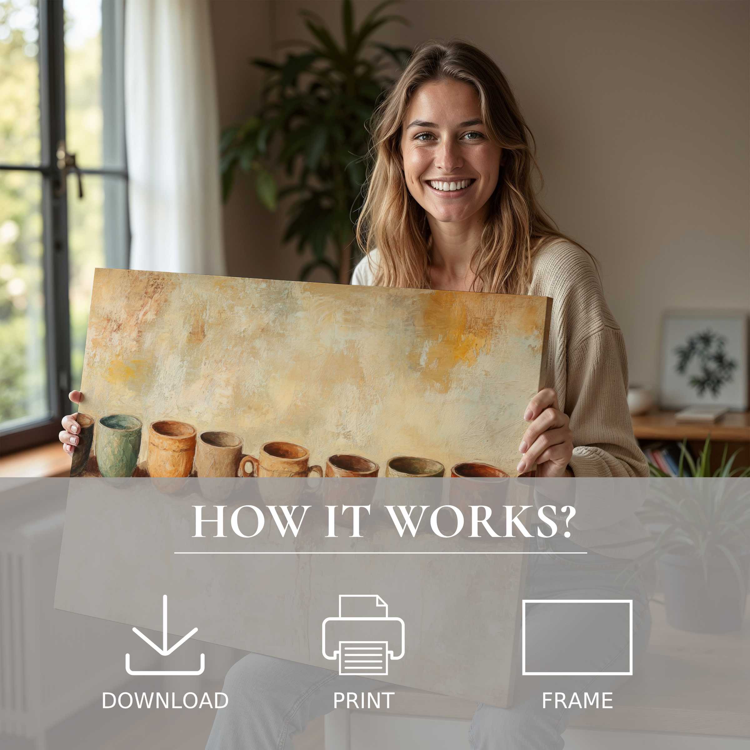 Radiant joy and serene connection fill this modern home where a boho digital art print transforms everyday moments with effortless elegance