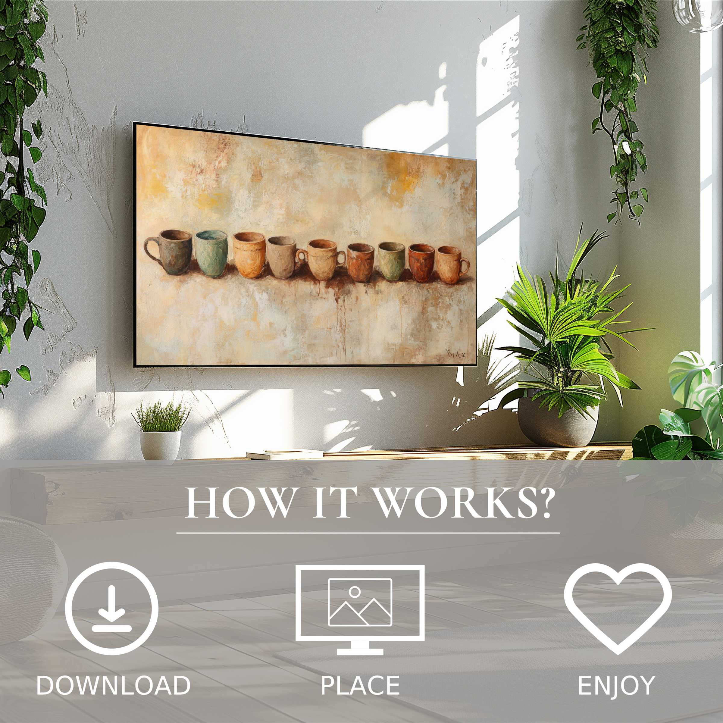 Bright living room with boho art for Samsung TV; earthy cup motif, easy digital download enriches space