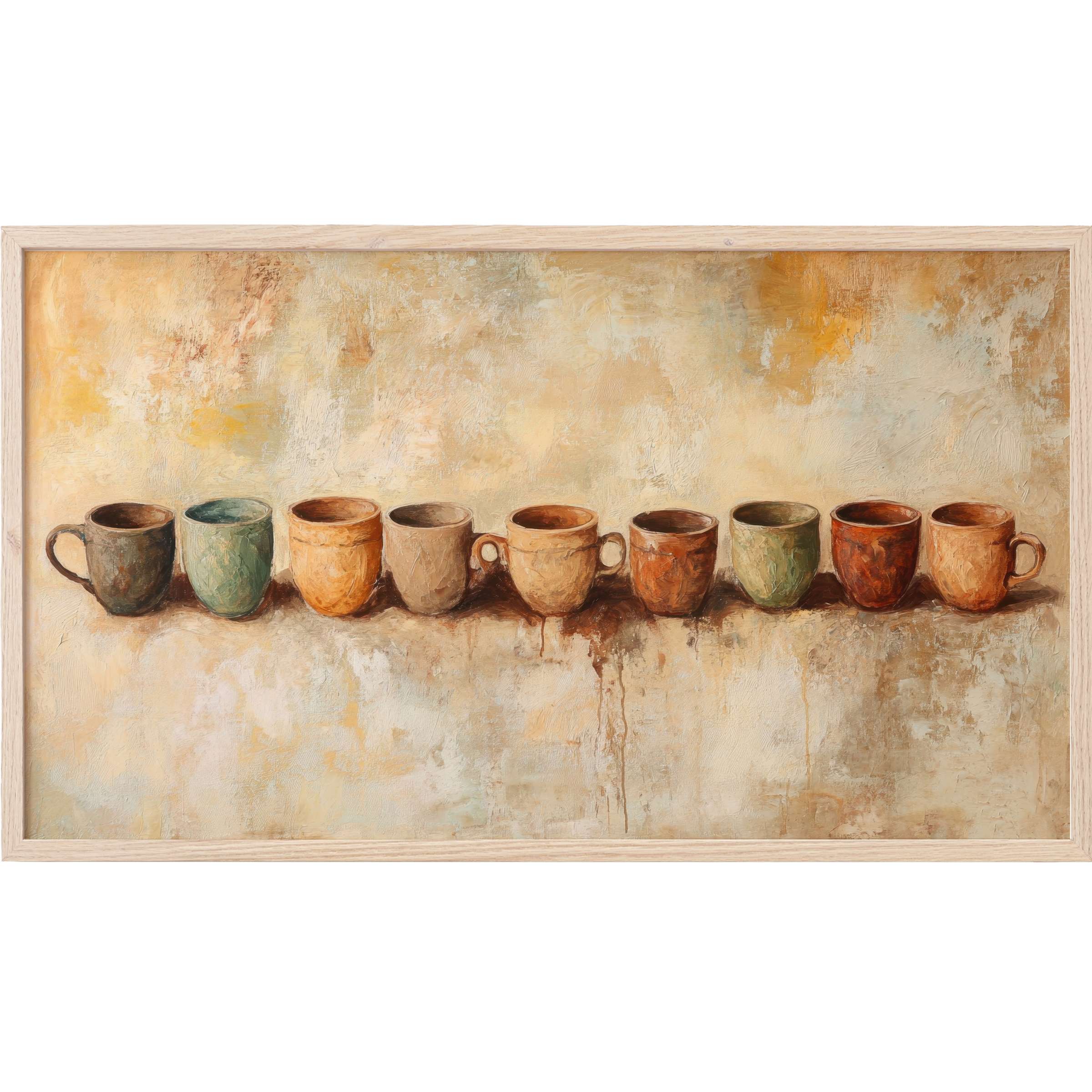 Boho Frame TV Art featuring textured earthy-toned cups in warm, muted ochre, green, and terracotta shades