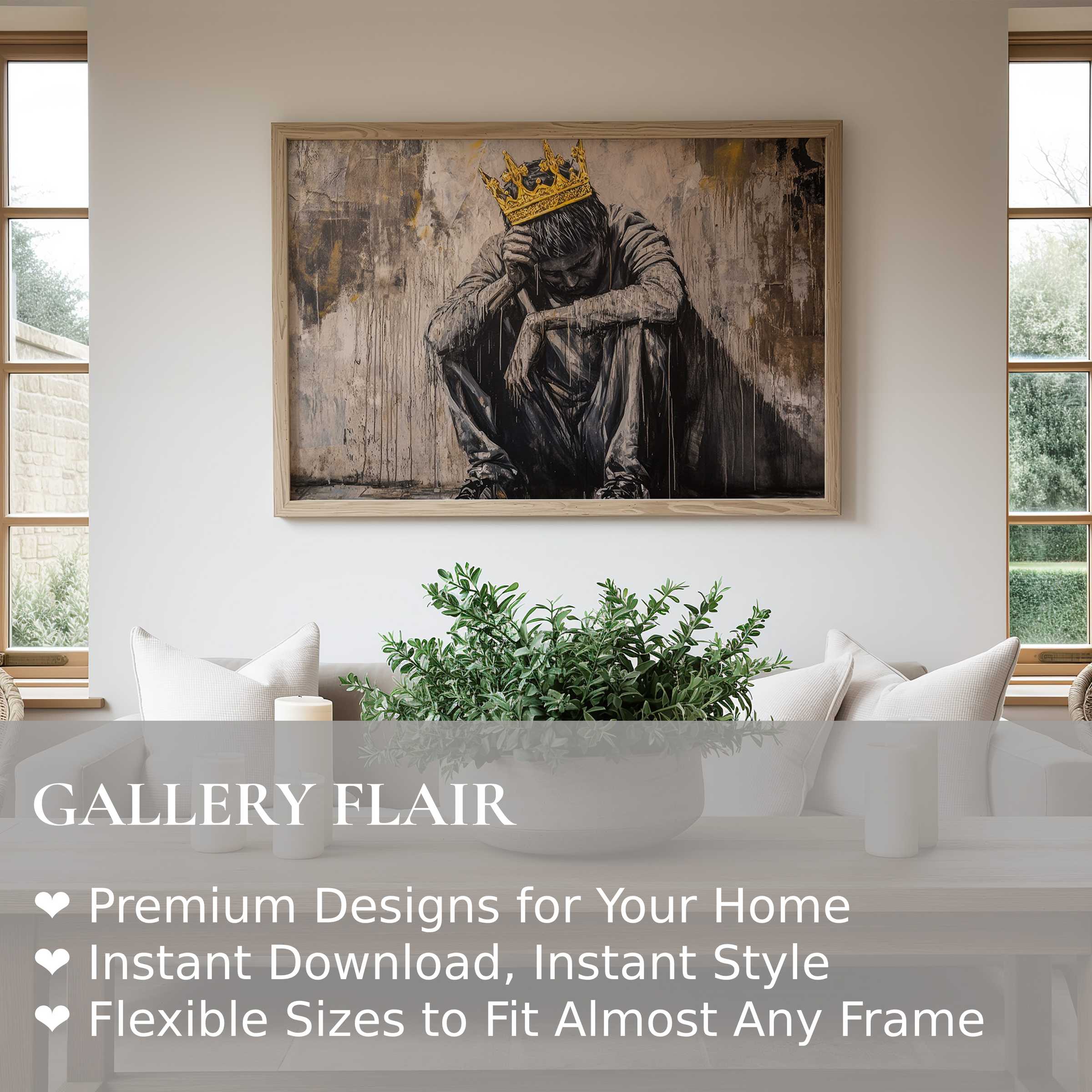 Street art wall art print captures raw emotion with a bold, contemplative figure crowned in gold, enriching modern minimalist interiors
