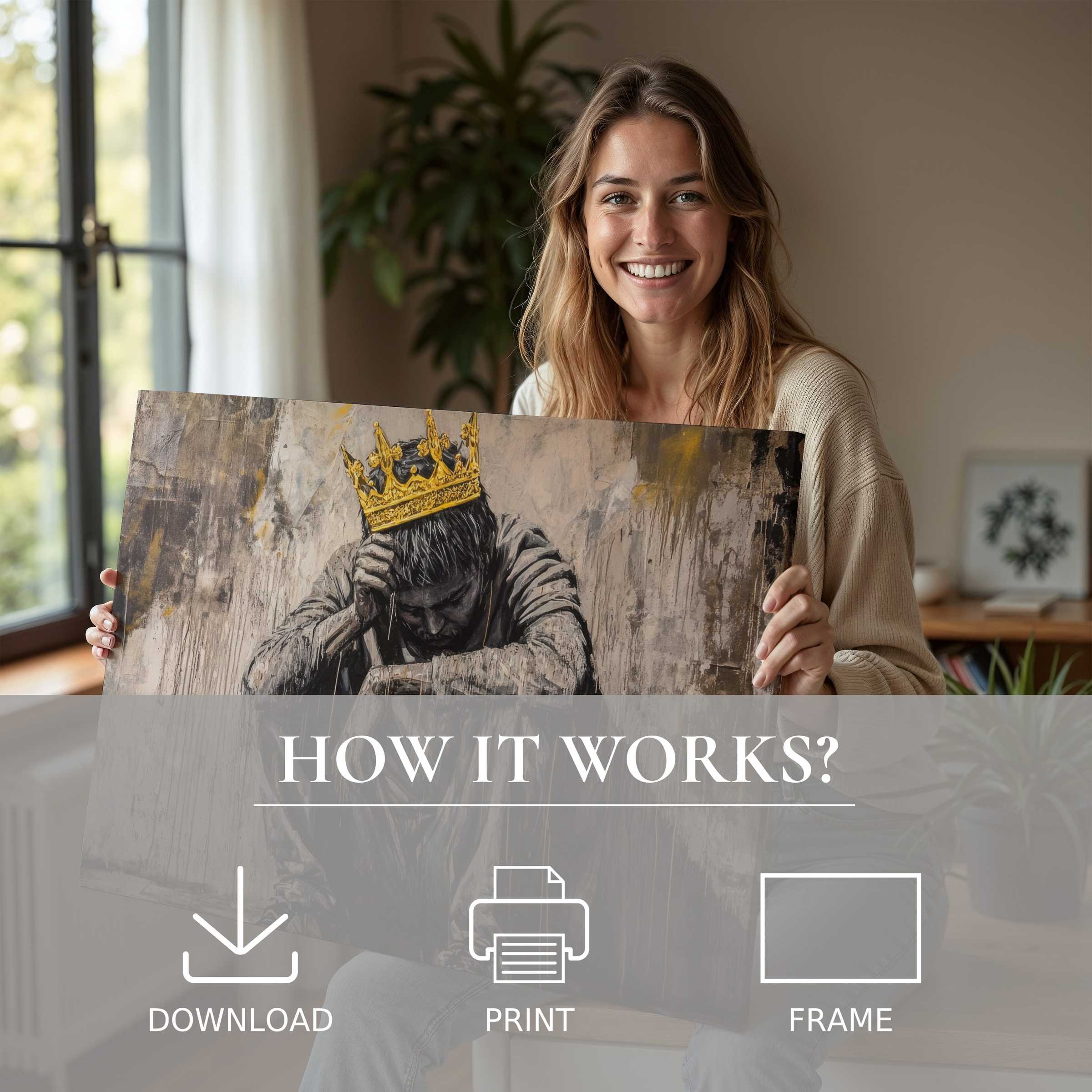Elegant street art digital art print enriches a sunlit modern home, inspiring joy and effortless connection with timeless creativity