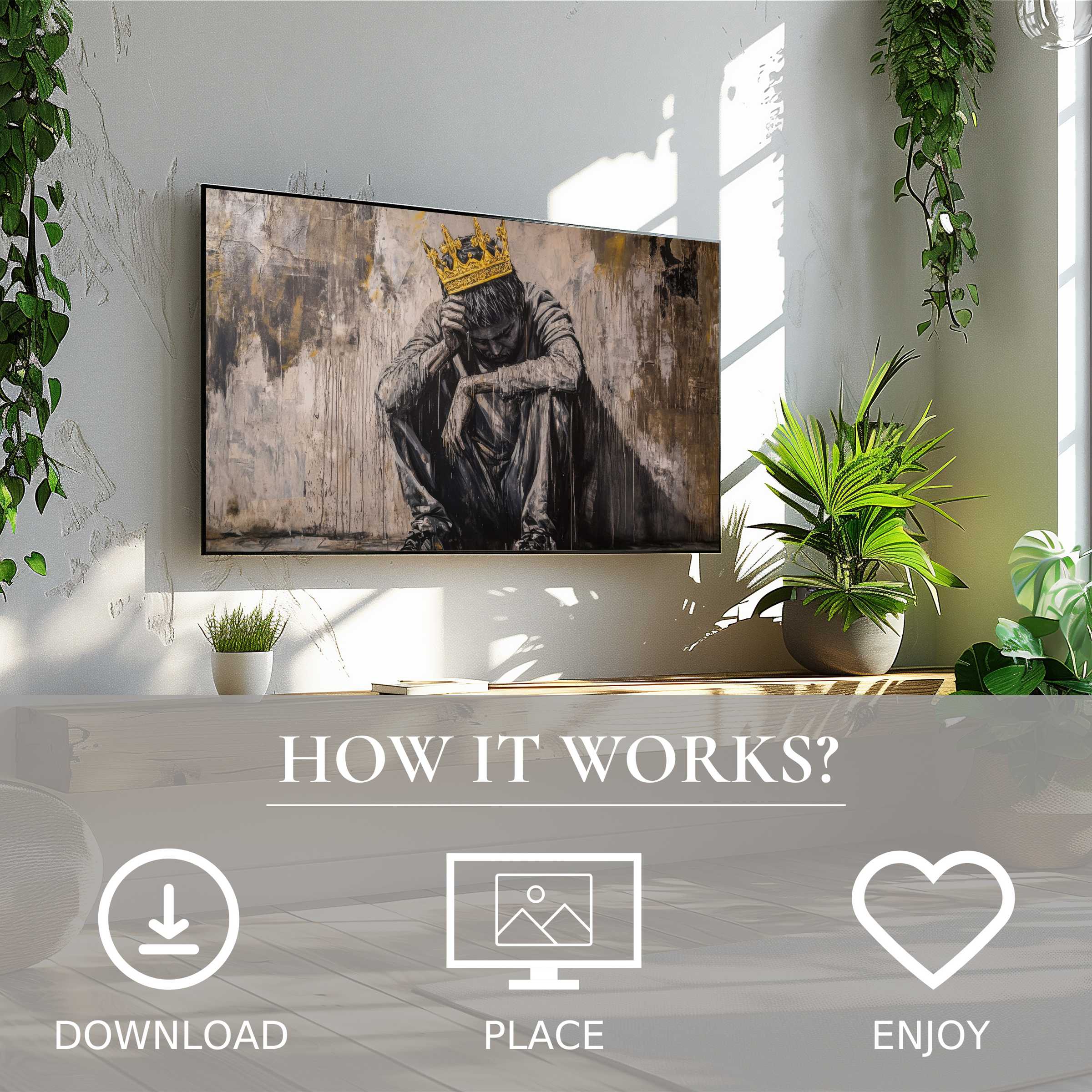 Modern living room with easy digital download street art for Samsung TV, featuring a moody color flow motif on Frame TV